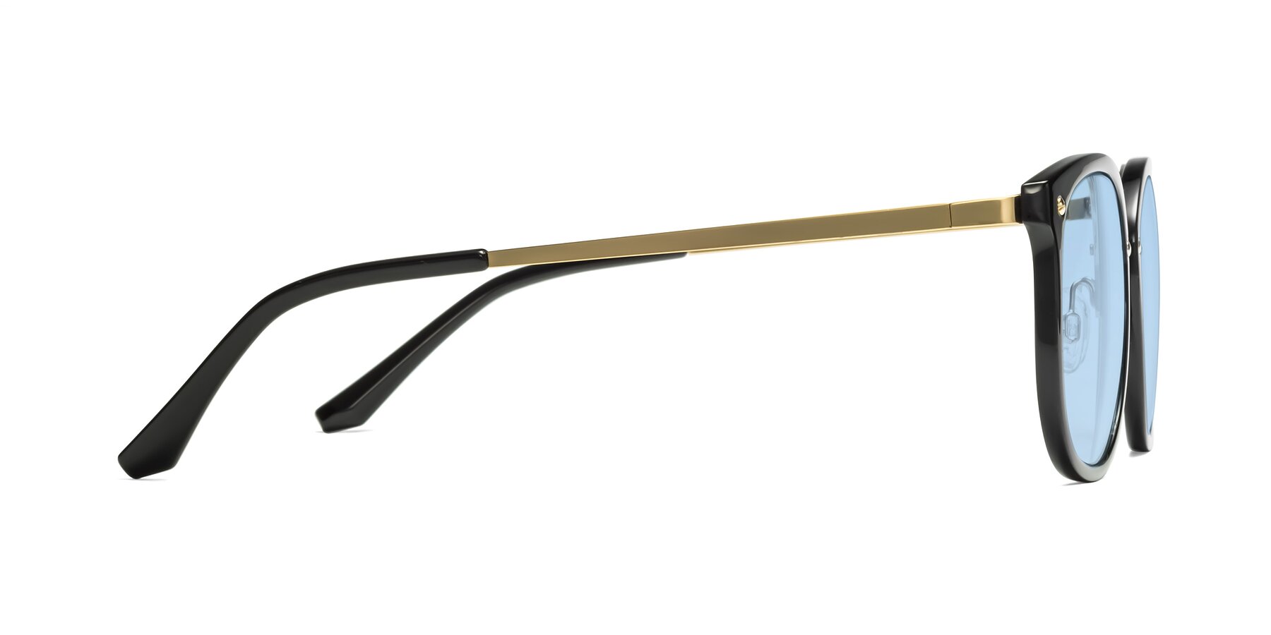 Side of Timeless in Black-Gold with Light Blue Tinted Lenses