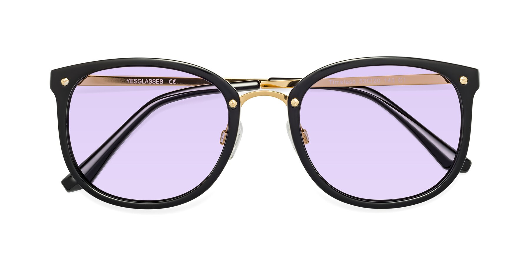 Folded Front of Timeless in Black-Gold with Light Purple Tinted Lenses