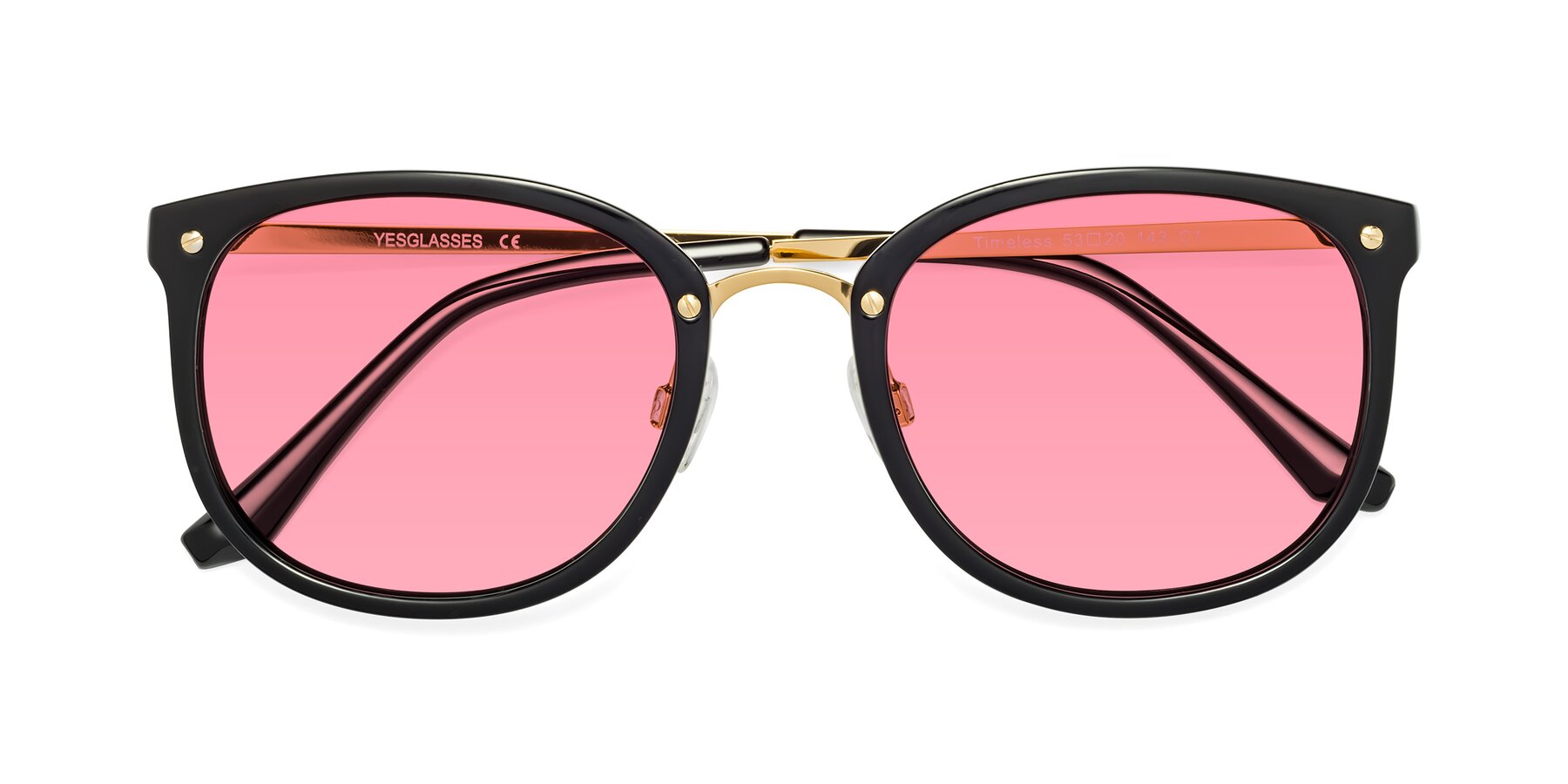 Folded Front of Timeless in Black-Gold with Pink Tinted Lenses