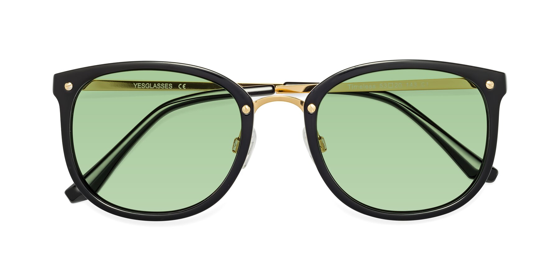 Folded Front of Timeless in Black-Gold with Medium Green Tinted Lenses