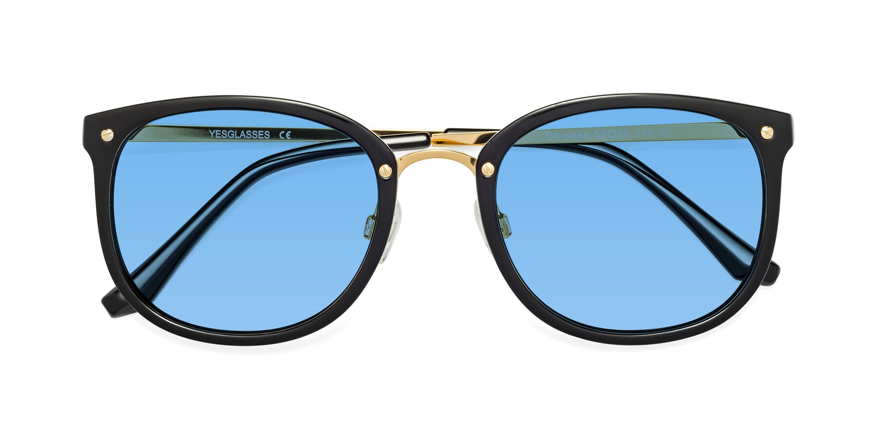 Folded Front of Timeless in Black-Gold with Medium Blue Tinted Lenses