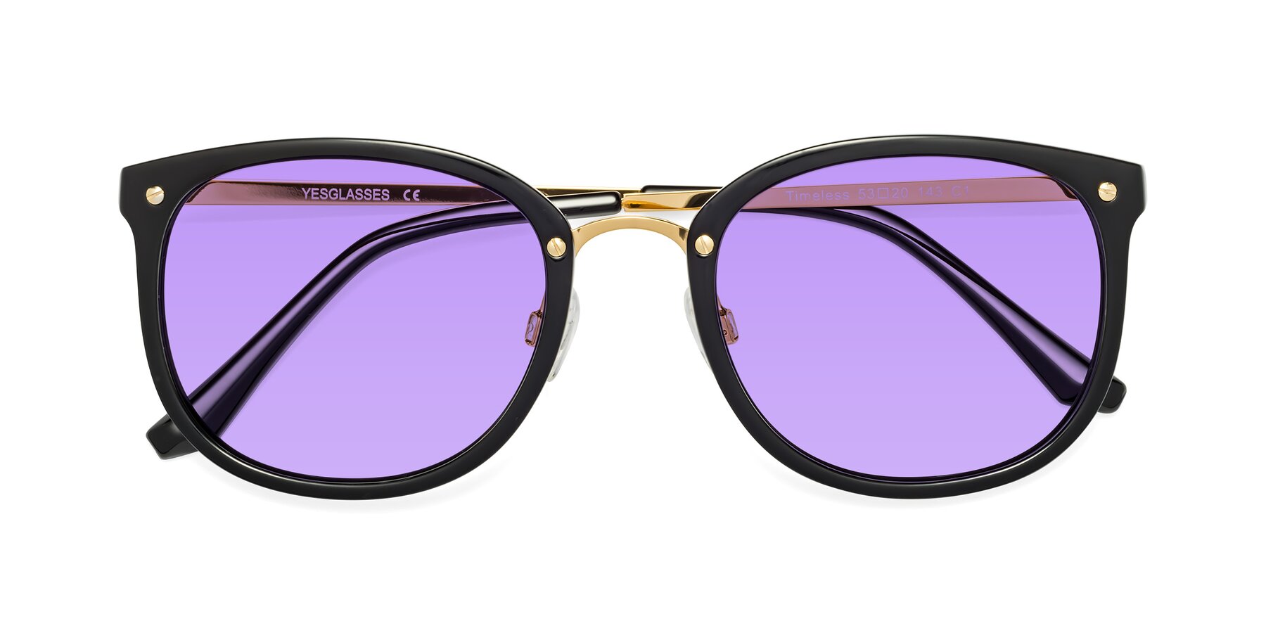 Folded Front of Timeless in Black-Gold with Medium Purple Tinted Lenses