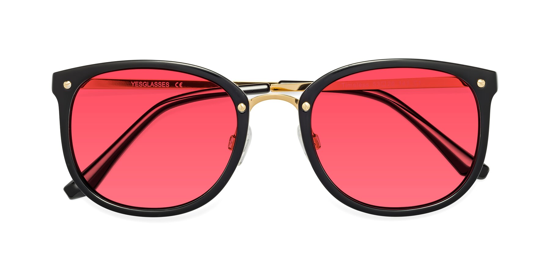 Folded Front of Timeless in Black-Gold with Red Tinted Lenses