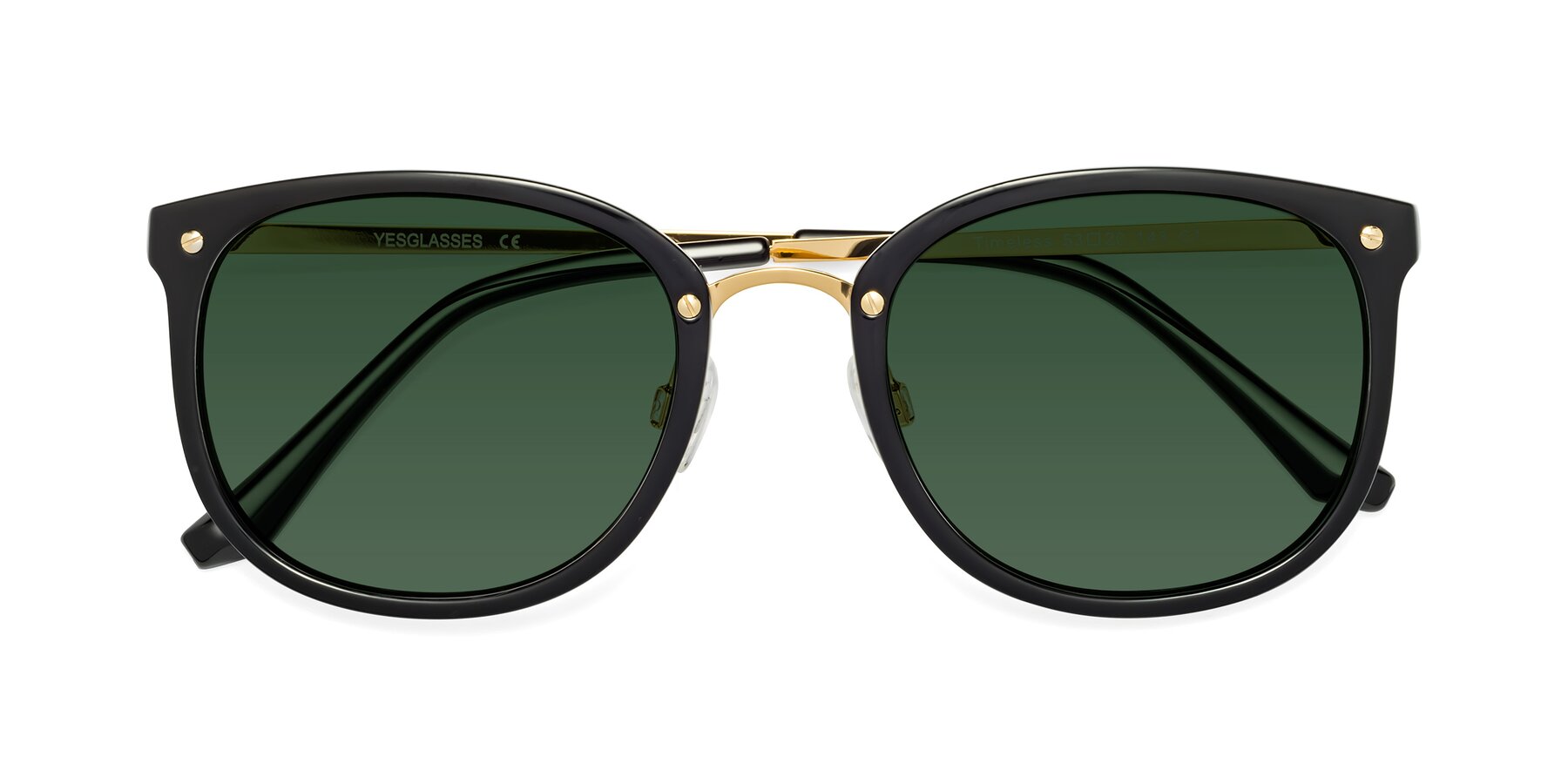 Folded Front of Timeless in Black-Gold with Green Tinted Lenses