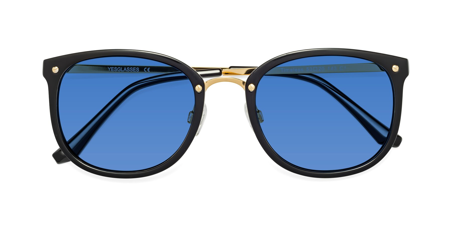 Folded Front of Timeless in Black-Gold with Blue Tinted Lenses