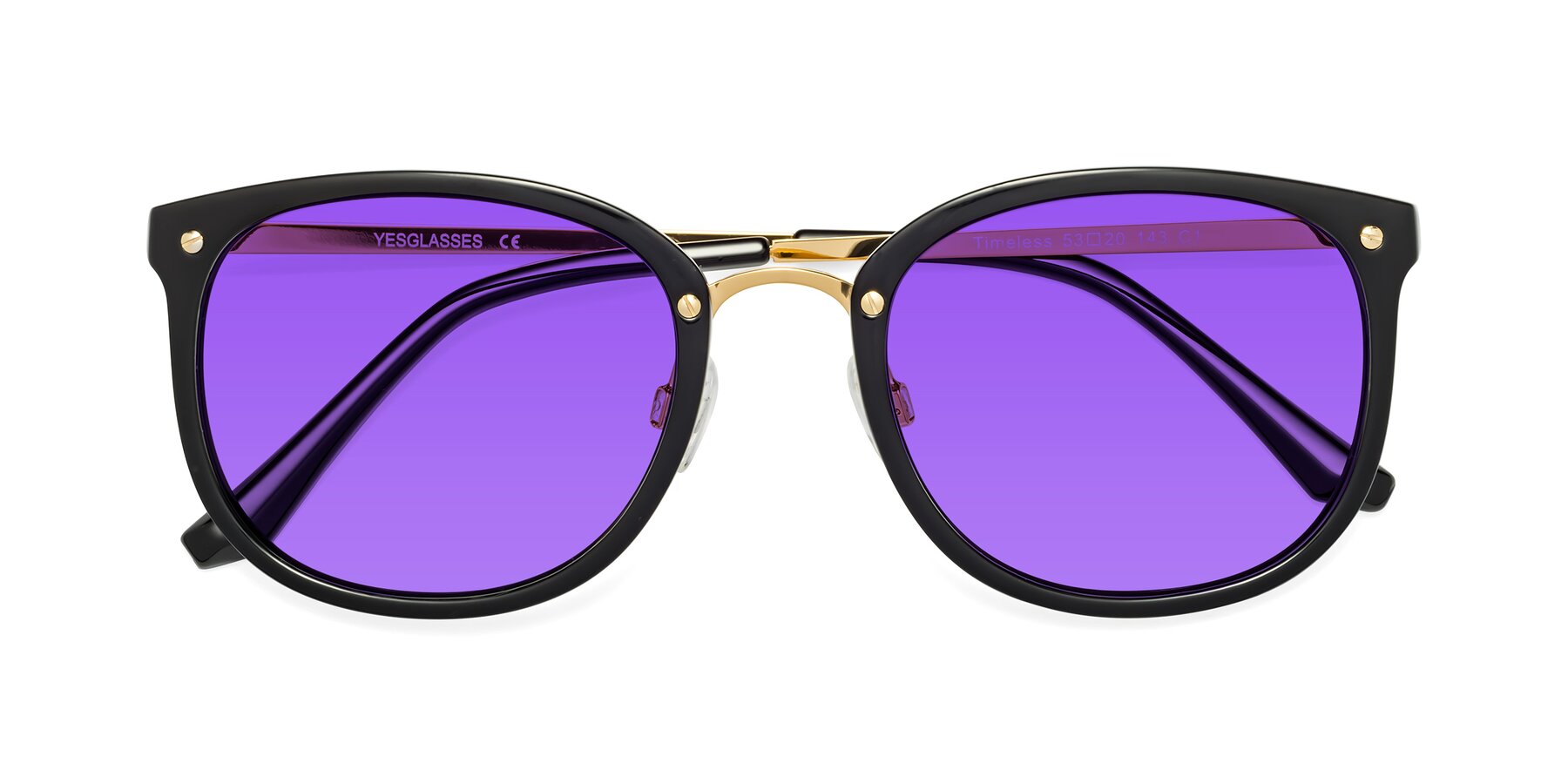Folded Front of Timeless in Black-Gold with Purple Tinted Lenses