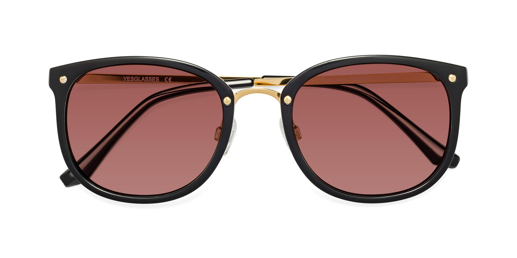 Folded Front of Timeless in Black-Gold with Garnet Tinted Lenses