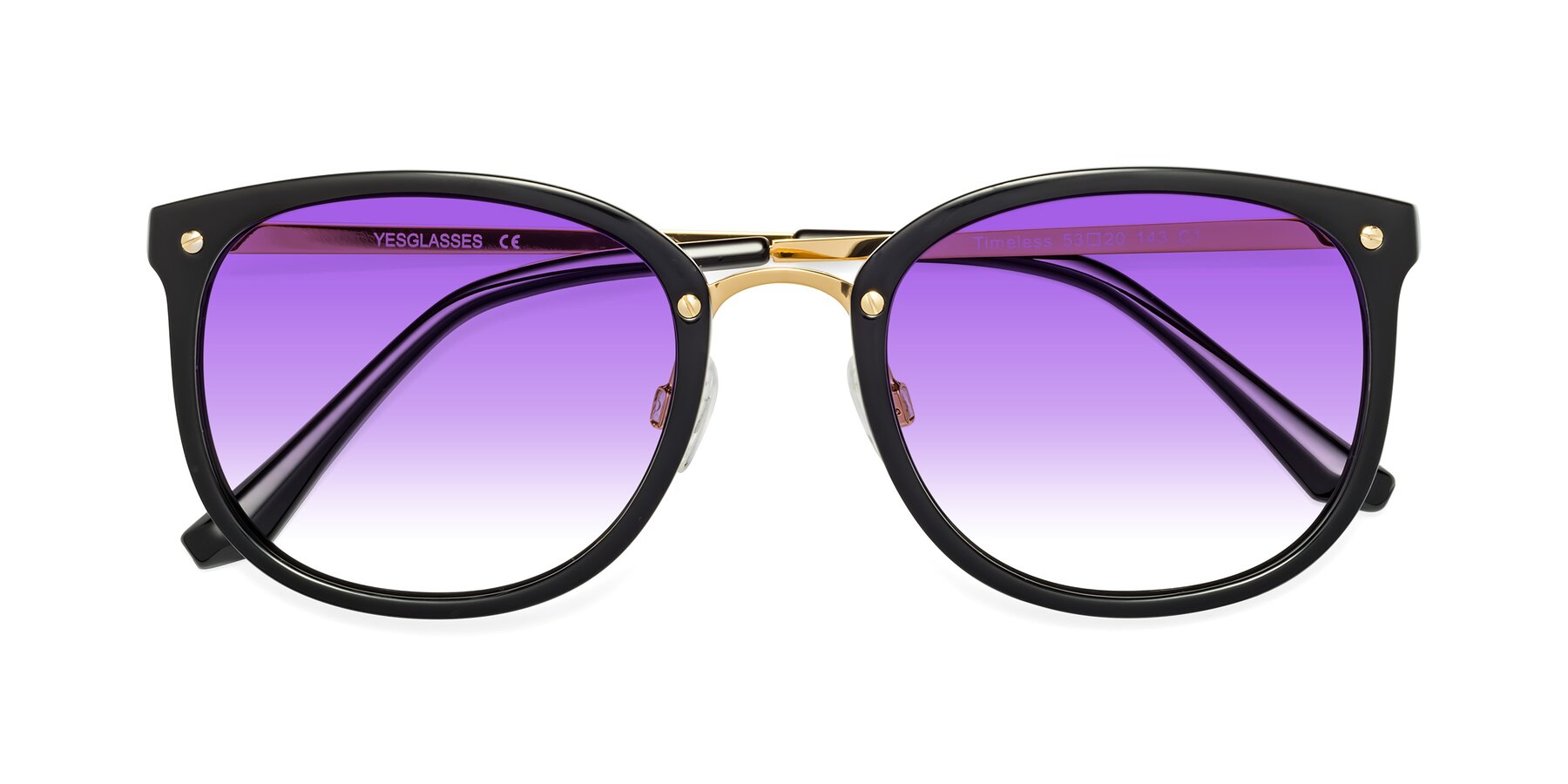 Folded Front of Timeless in Black-Gold with Purple Gradient Lenses
