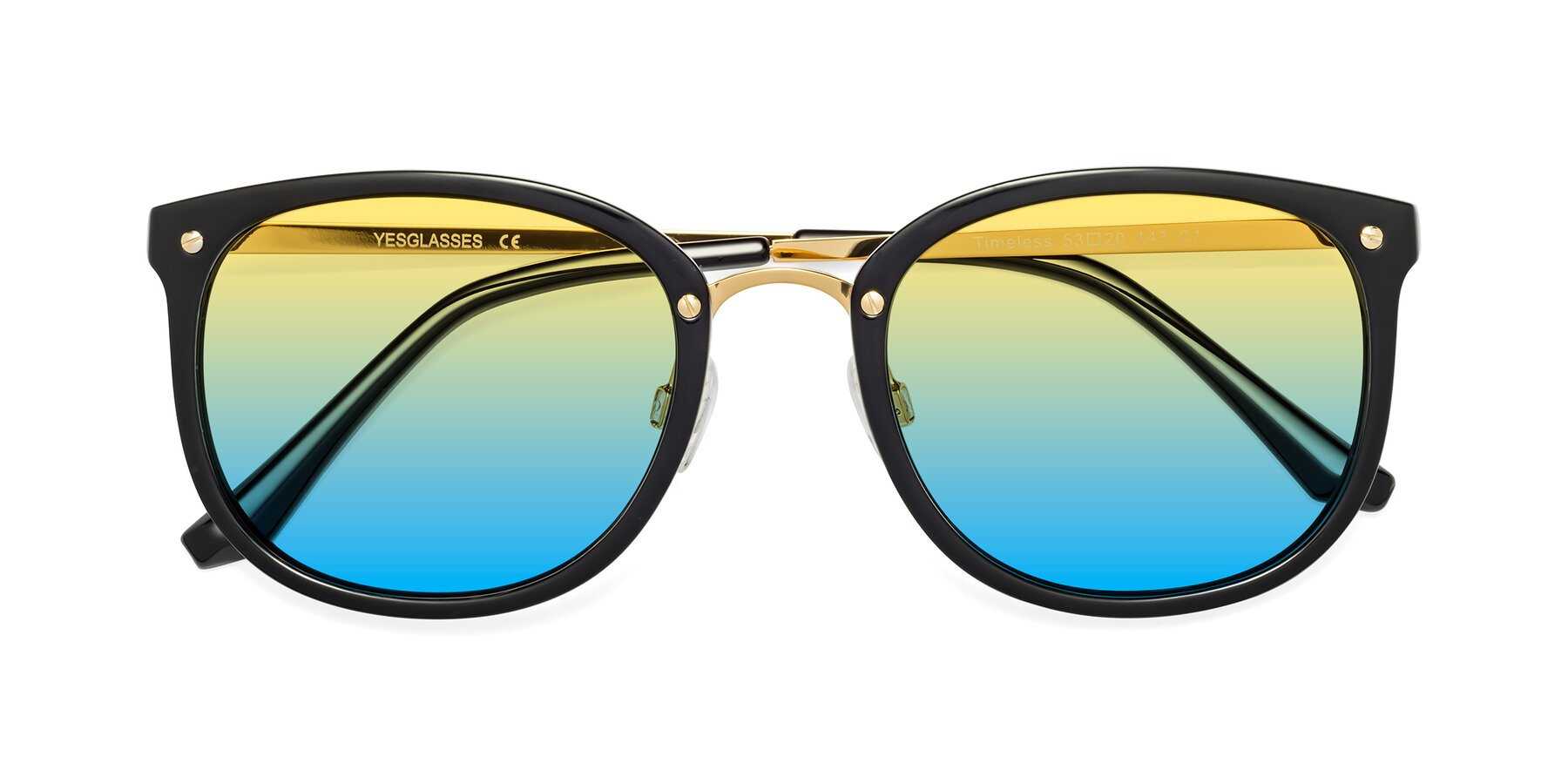 Folded Front of Timeless in Black-Gold with Yellow / Blue Gradient Lenses