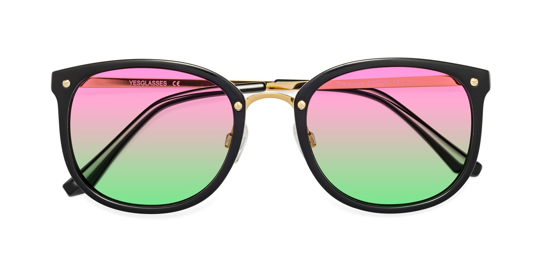 Folded Front of Timeless in Black-Gold with Pink / Green Gradient Lenses