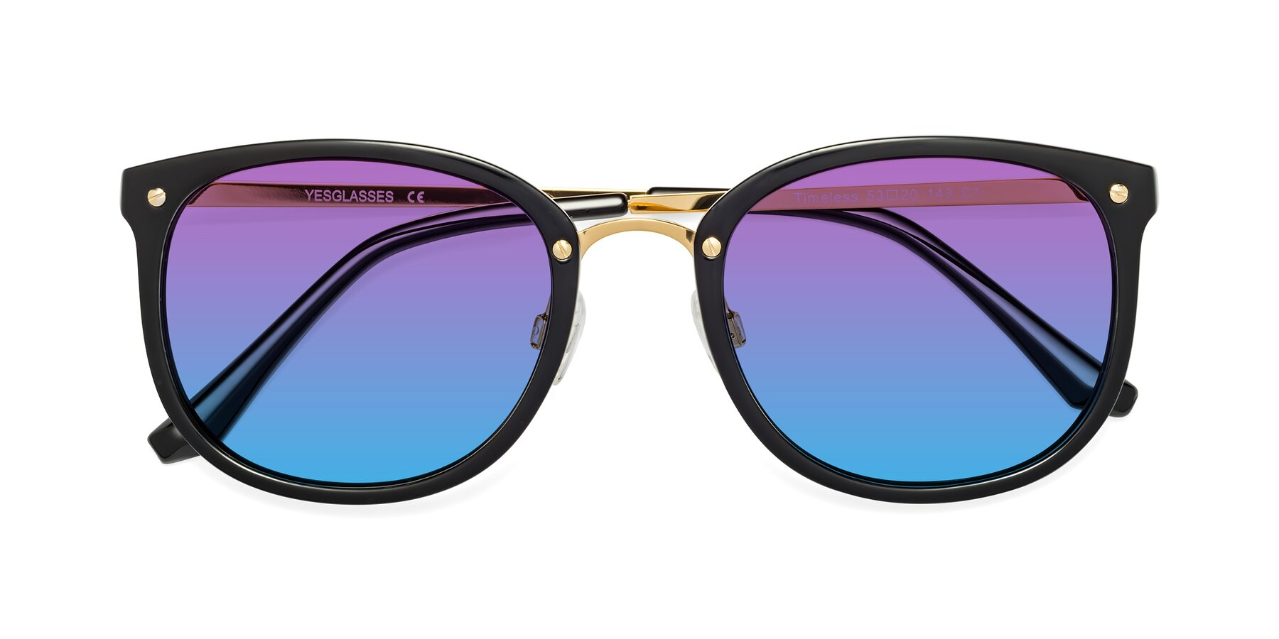 Folded Front of Timeless in Black-Gold with Purple / Blue Gradient Lenses