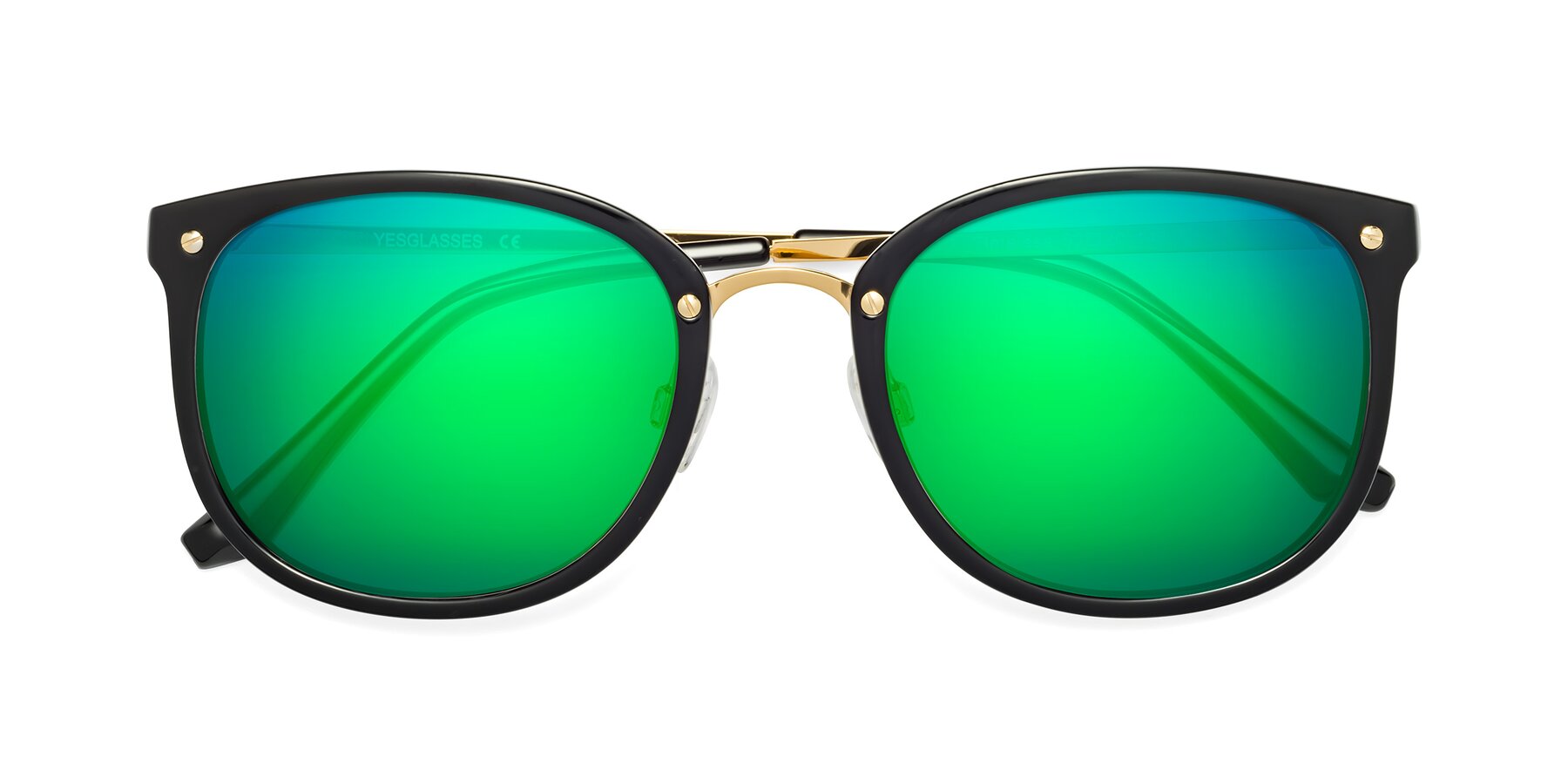 Folded Front of Timeless in Black-Gold with Green Mirrored Lenses
