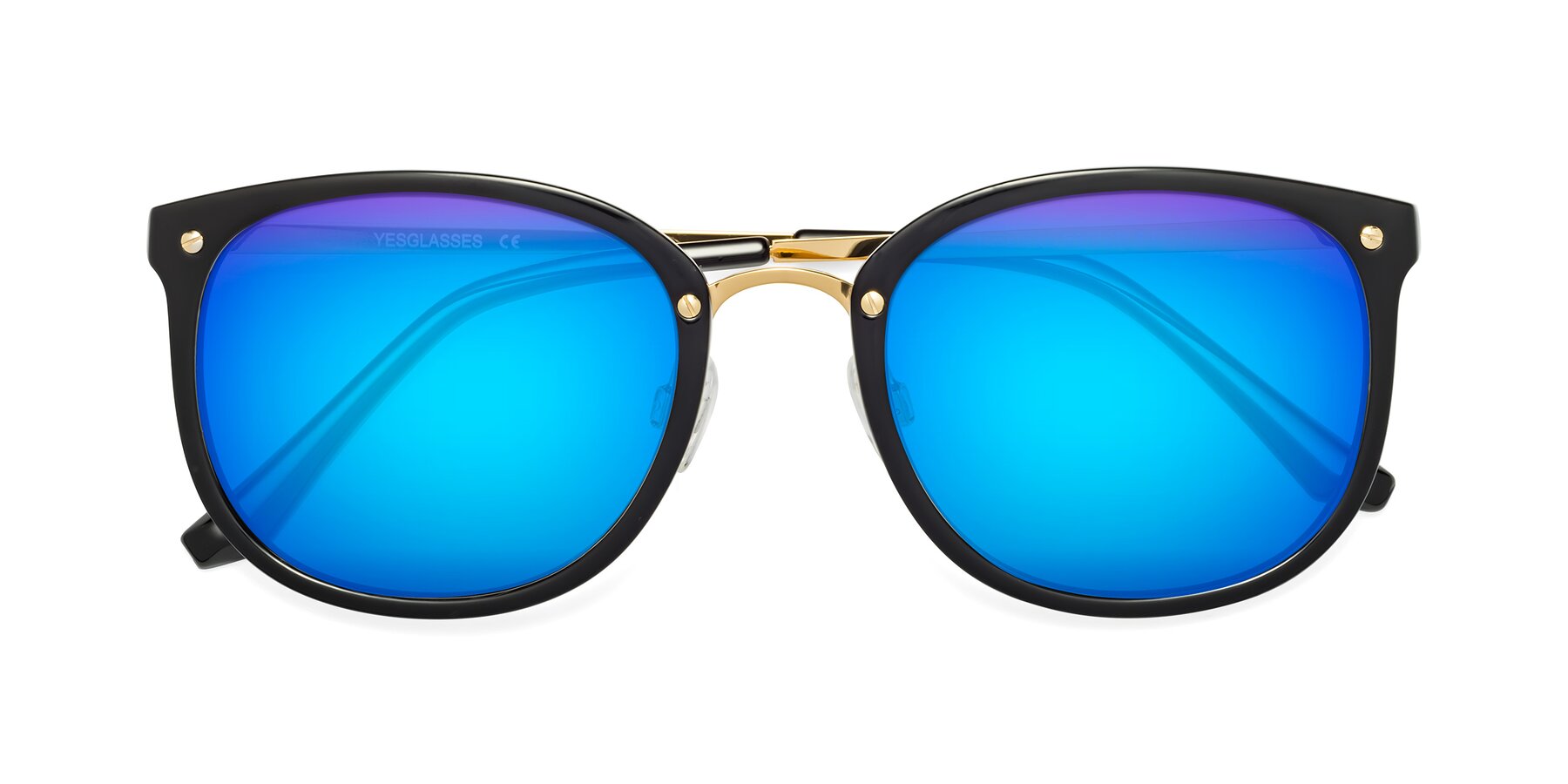 Folded Front of Timeless in Black-Gold with Blue Mirrored Lenses