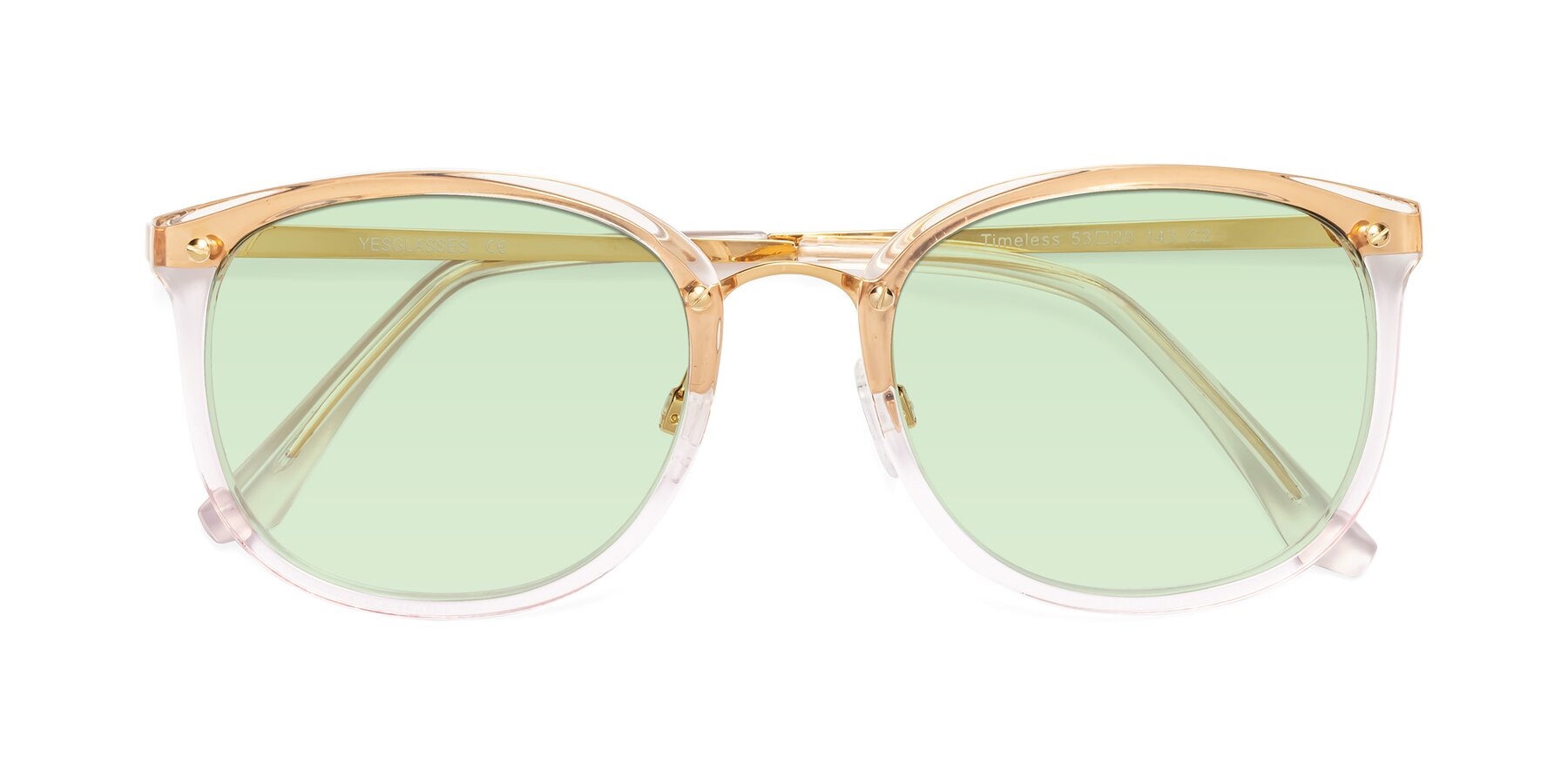 Folded Front of Timeless in Transparent Pink with Light Green Tinted Lenses