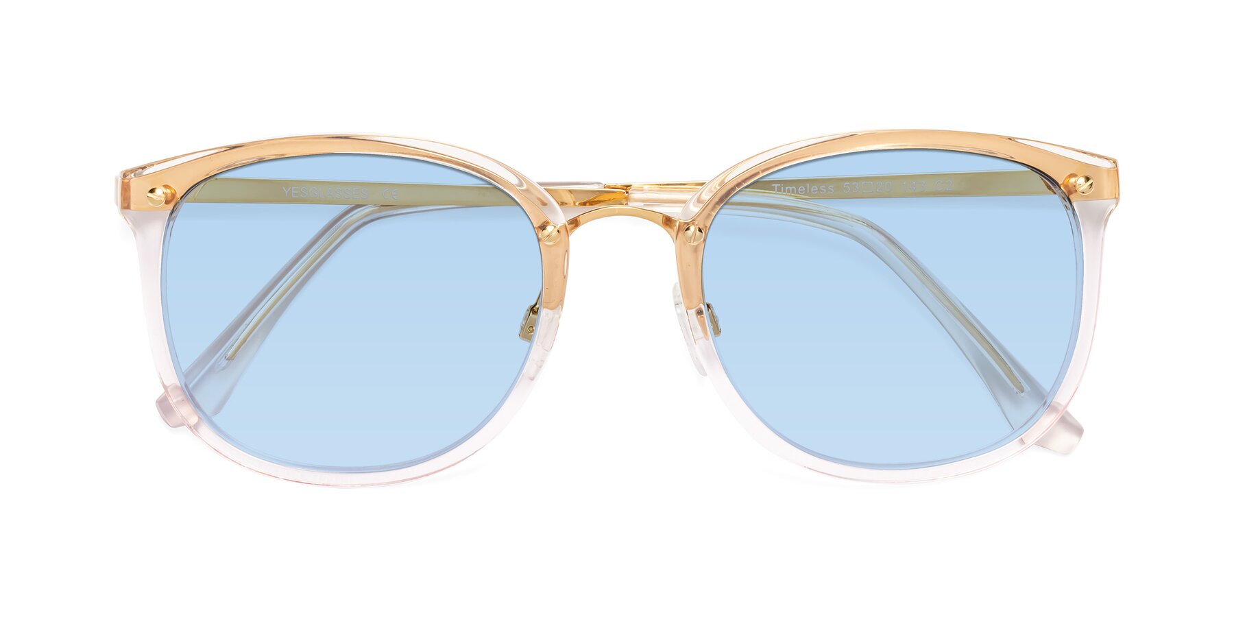 Folded Front of Timeless in Transparent Pink with Light Blue Tinted Lenses