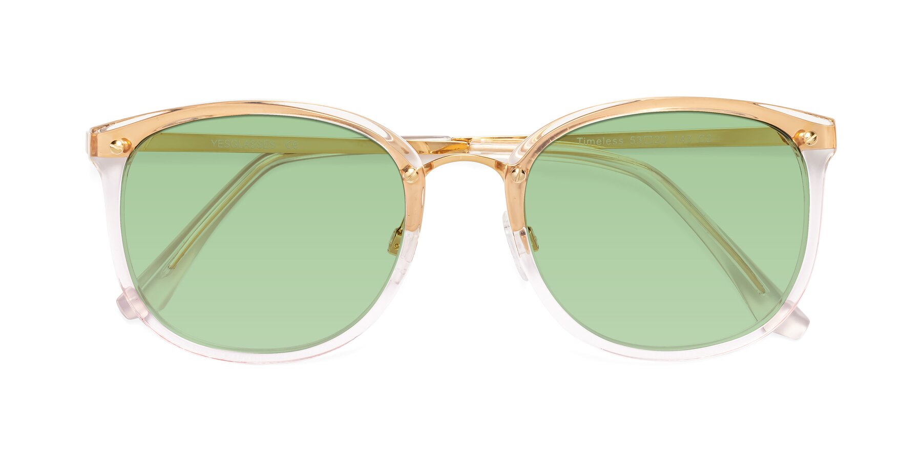 Folded Front of Timeless in Transparent Pink with Medium Green Tinted Lenses