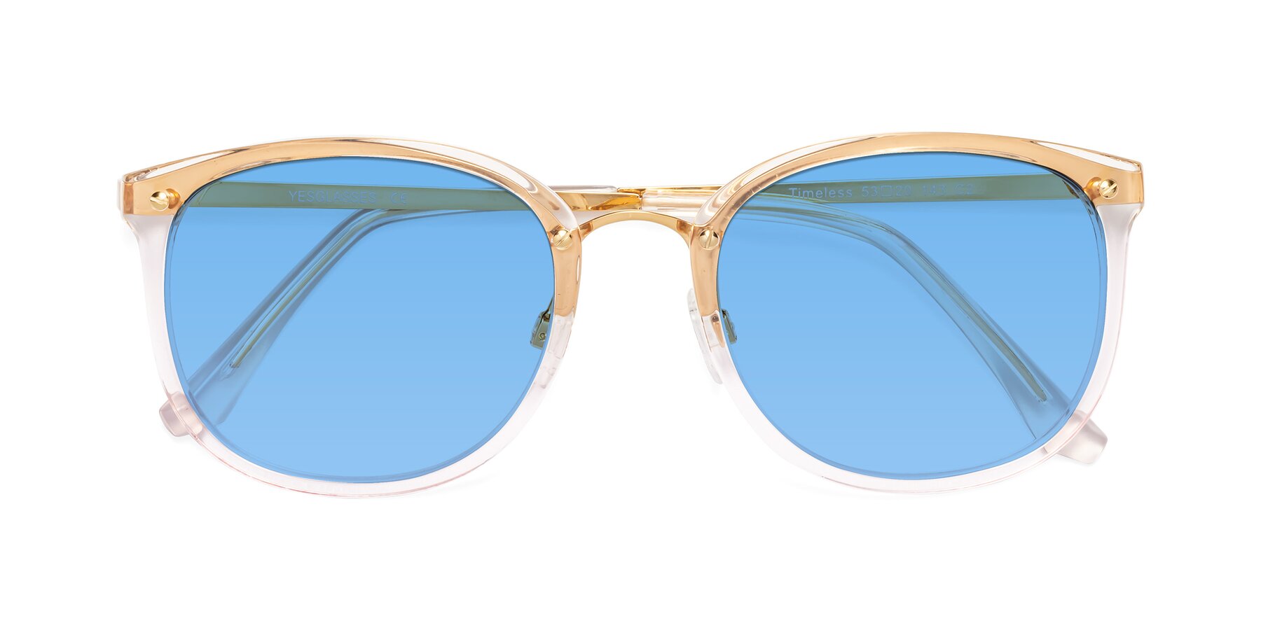 Folded Front of Timeless in Transparent Pink with Medium Blue Tinted Lenses