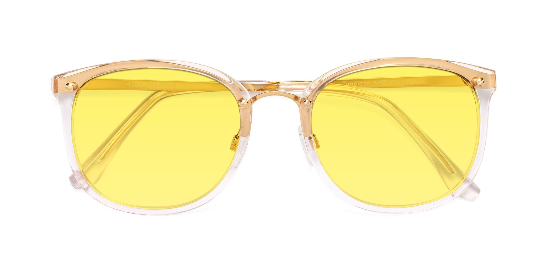 Folded Front of Timeless in Transparent Pink with Medium Yellow Tinted Lenses