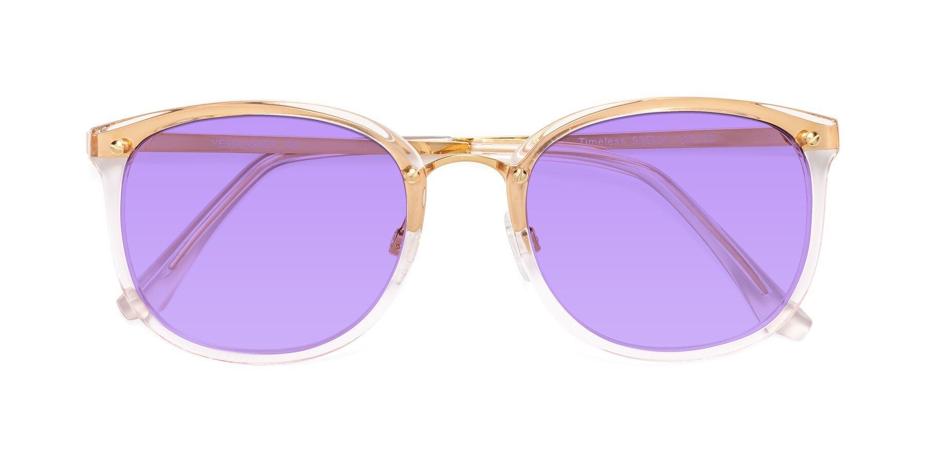 Folded Front of Timeless in Transparent Pink with Medium Purple Tinted Lenses