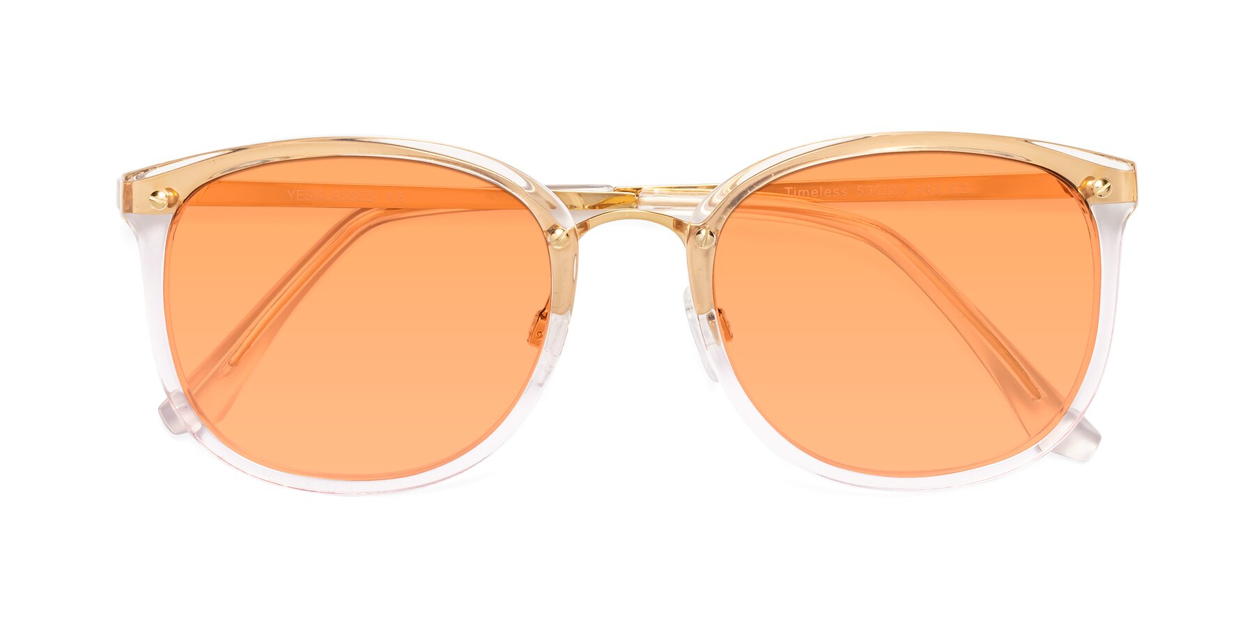 Folded Front of Timeless in Transparent Pink with Medium Orange Tinted Lenses