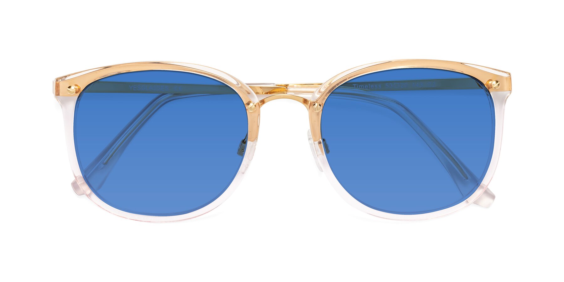 Folded Front of Timeless in Transparent Pink with Blue Tinted Lenses