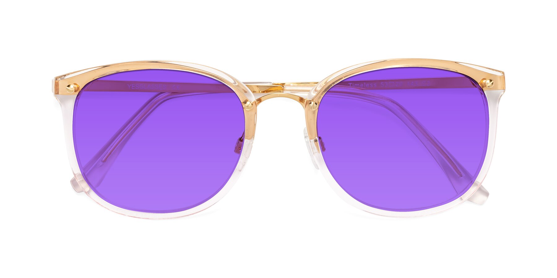 Folded Front of Timeless in Transparent Pink with Purple Tinted Lenses