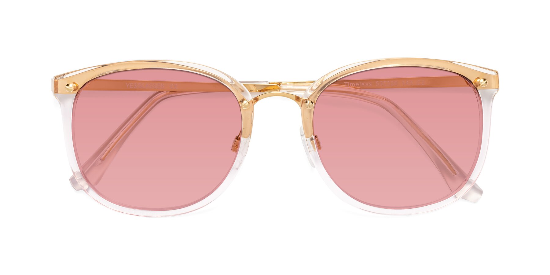 Folded Front of Timeless in Transparent Pink with Medium Garnet Tinted Lenses