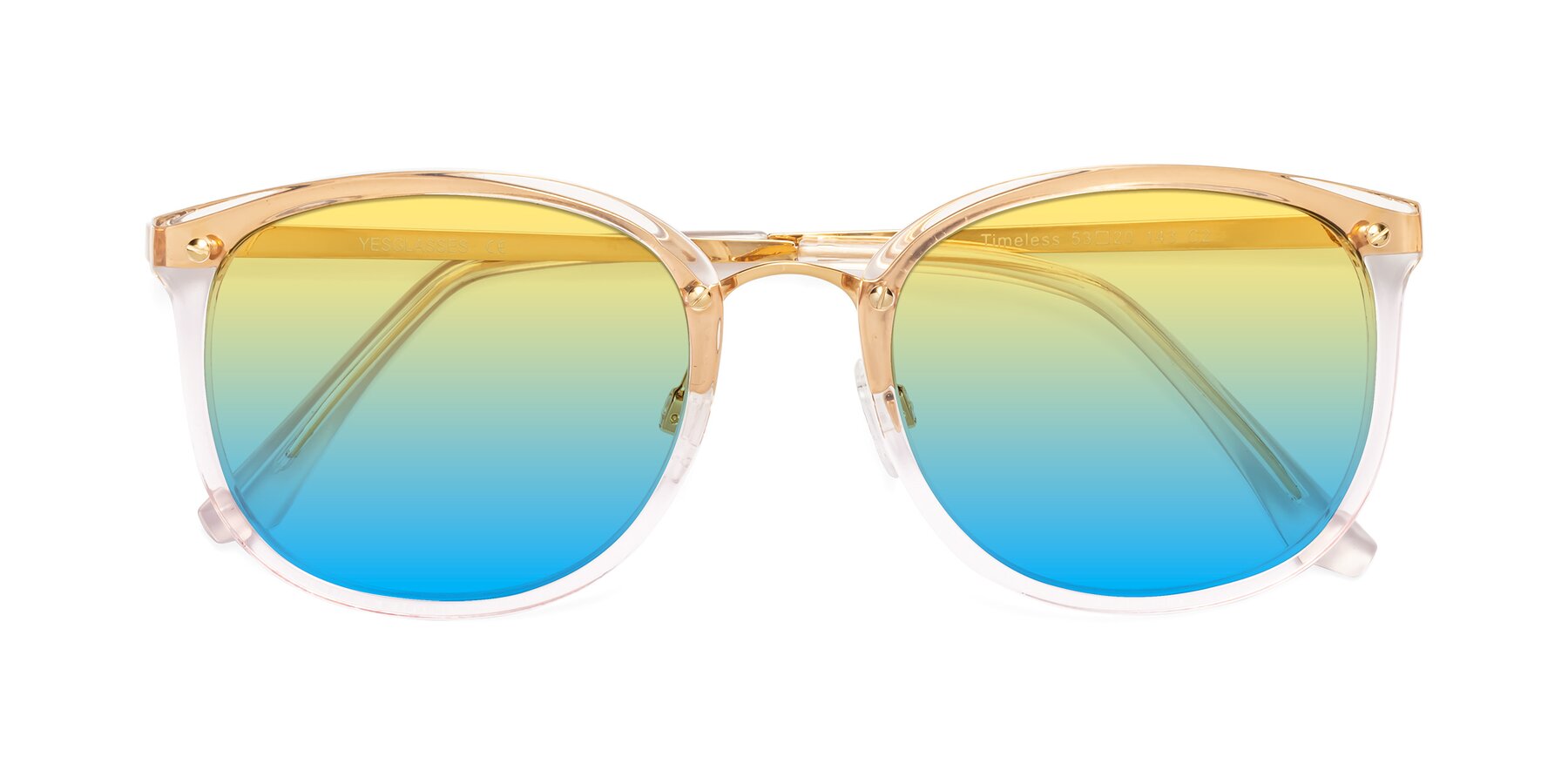 Folded Front of Timeless in Transparent Pink with Yellow / Blue Gradient Lenses