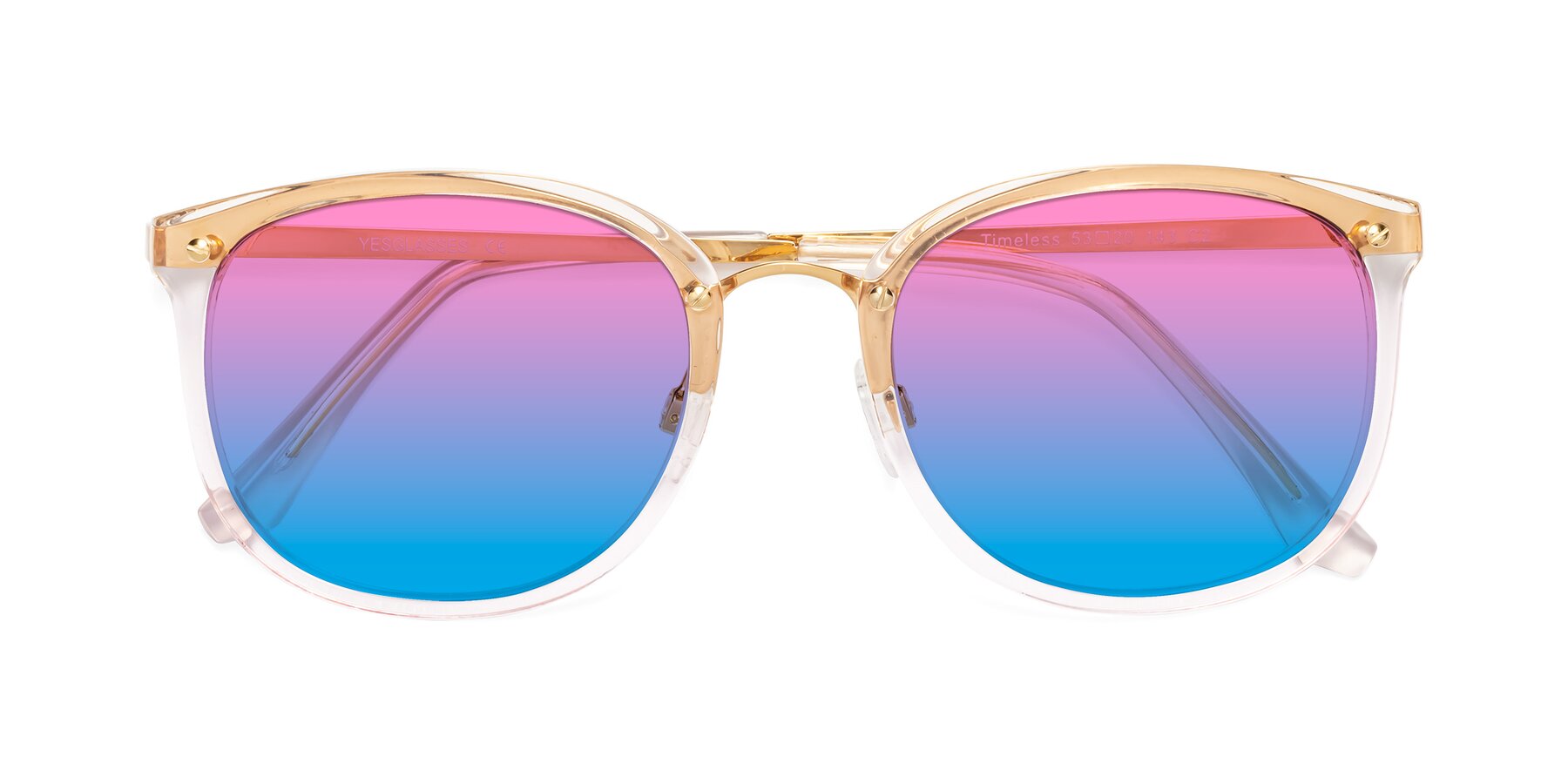 Folded Front of Timeless in Transparent Pink with Pink / Blue Gradient Lenses