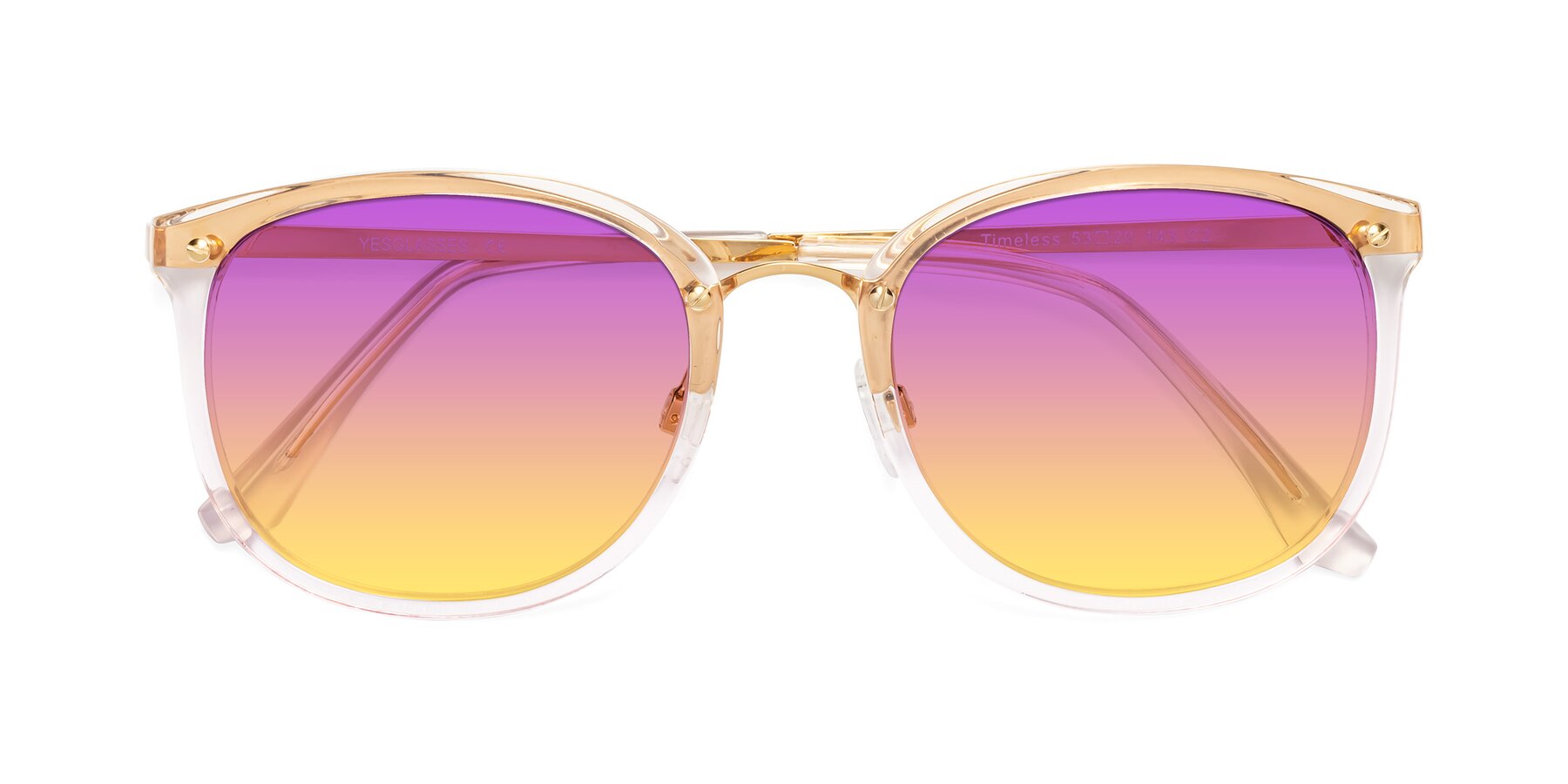 Folded Front of Timeless in Transparent Pink with Purple / Yellow Gradient Lenses