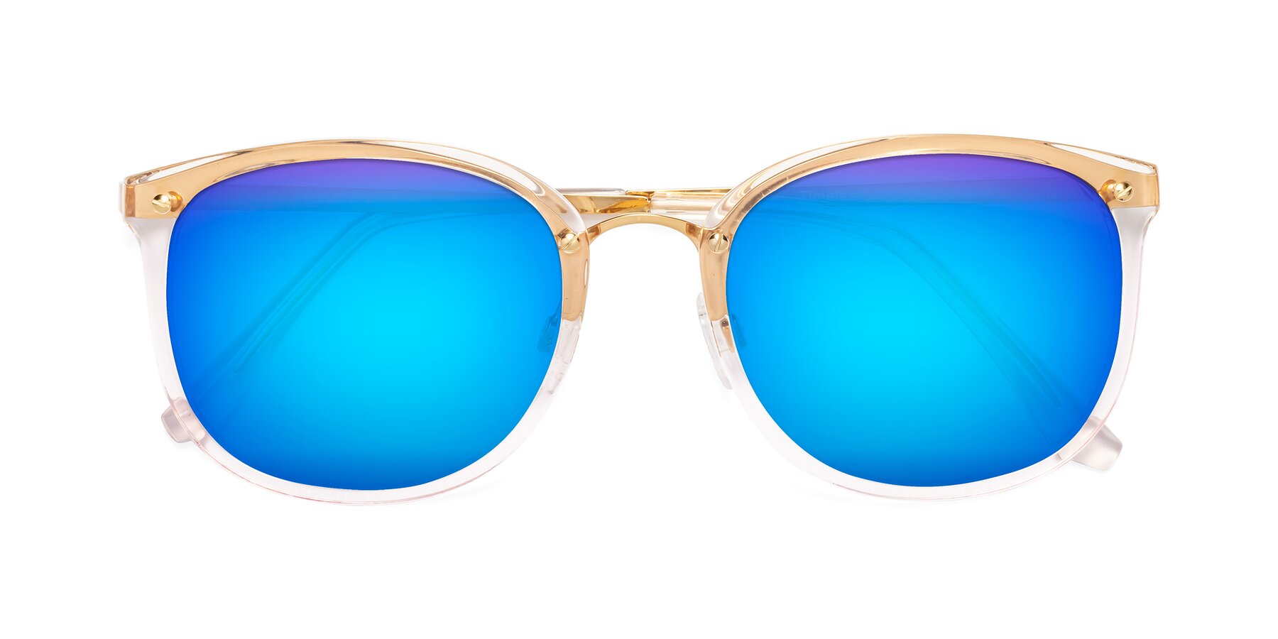 Folded Front of Timeless in Transparent Pink with Blue Mirrored Lenses
