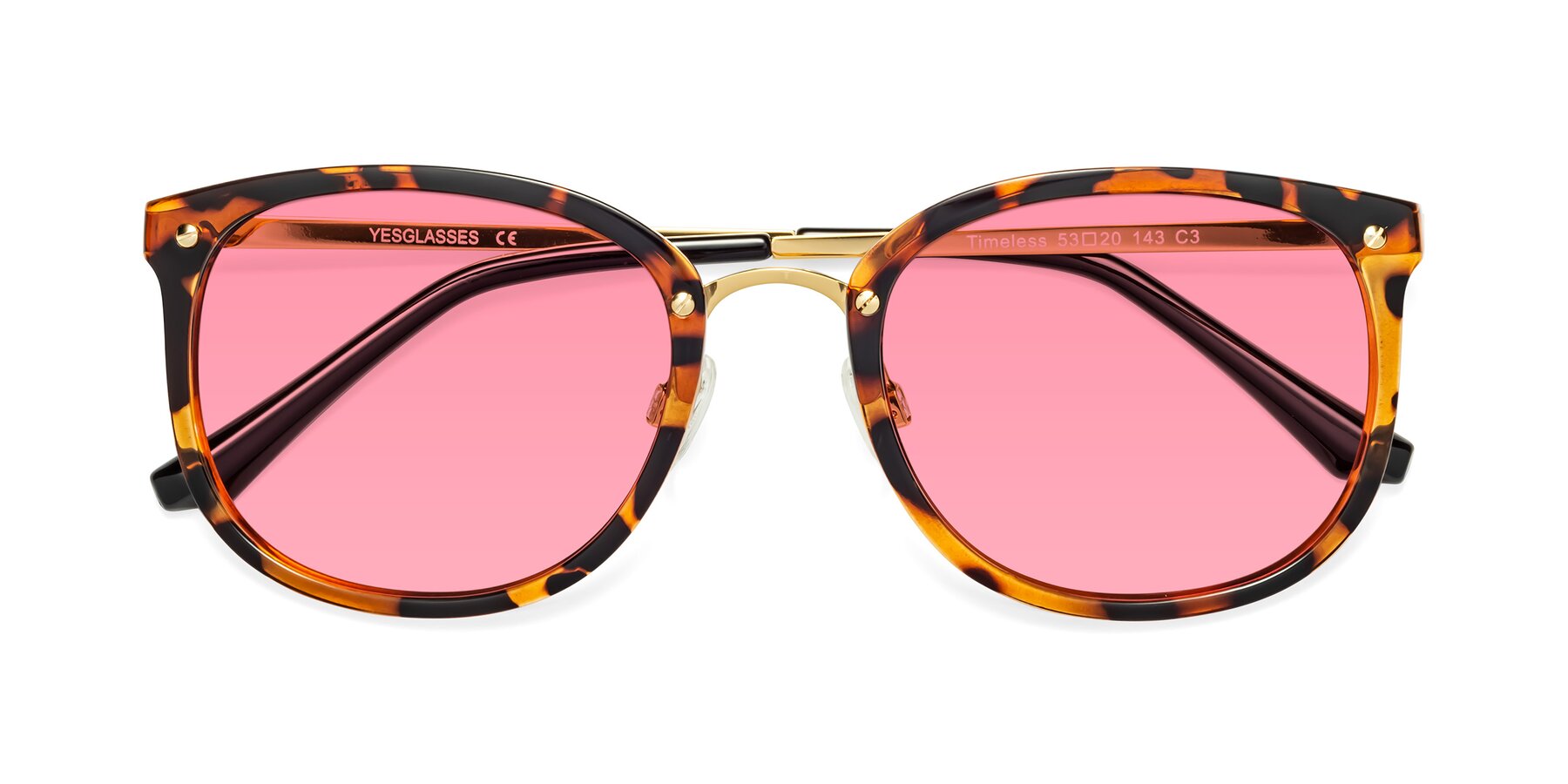 Folded Front of Timeless in Tortoise-Golden with Pink Tinted Lenses