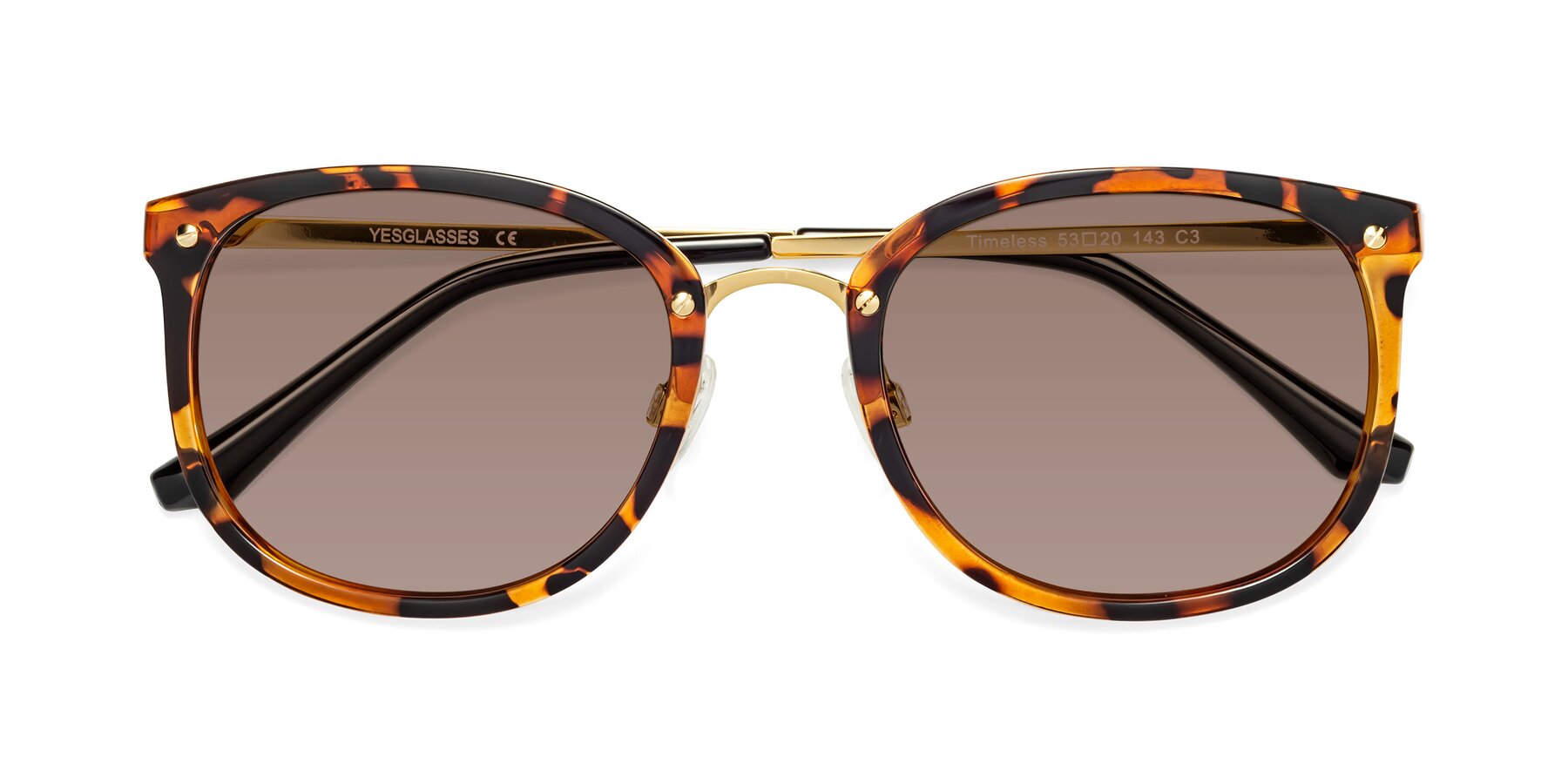Folded Front of Timeless in Tortoise-Golden with Medium Brown Tinted Lenses