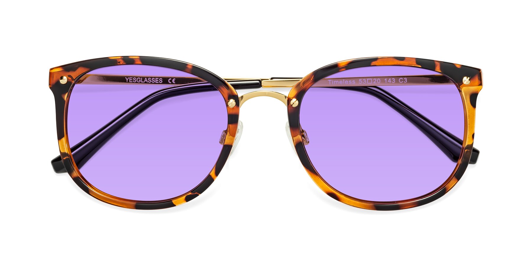 Folded Front of Timeless in Tortoise-Golden with Medium Purple Tinted Lenses
