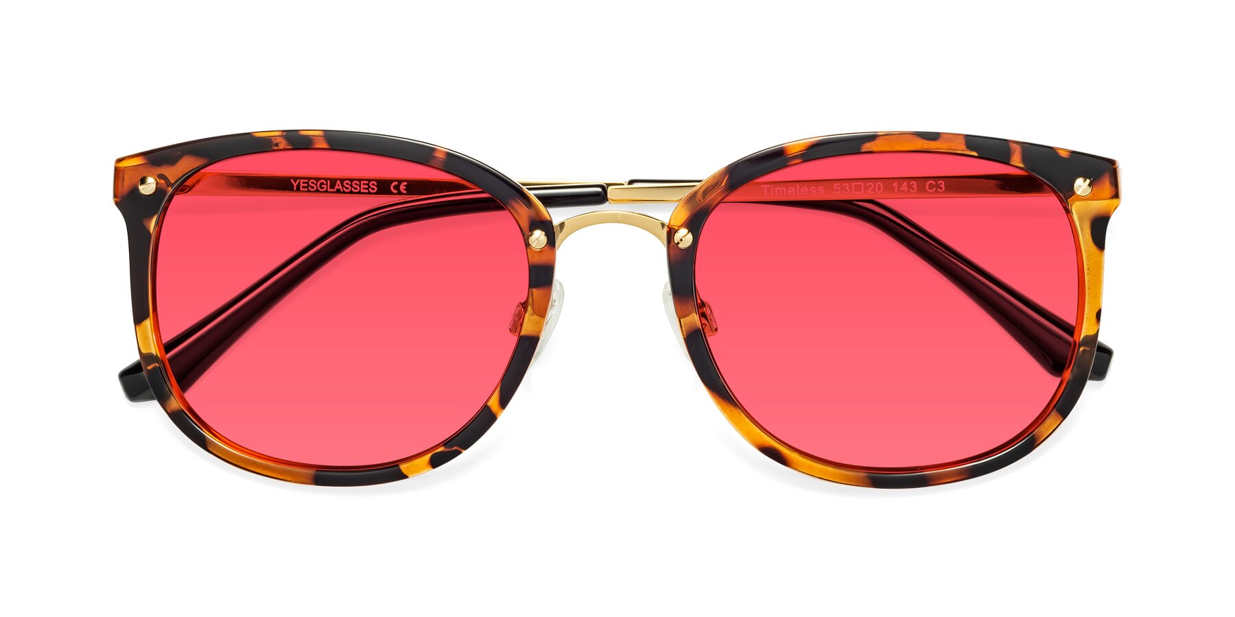 Folded Front of Timeless in Tortoise-Golden with Pink Tinted Lenses