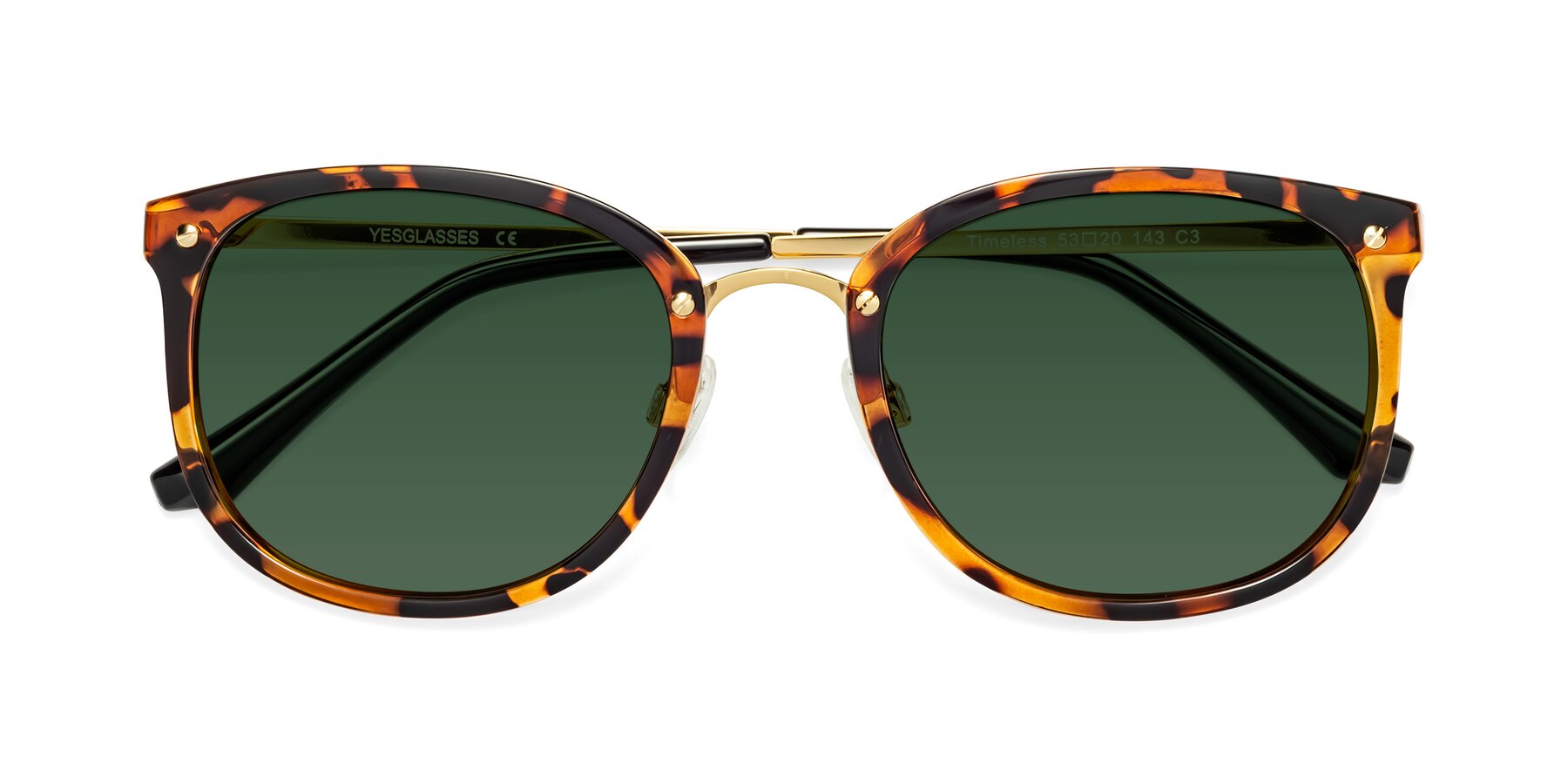 Folded Front of Timeless in Tortoise-Golden with Green Tinted Lenses