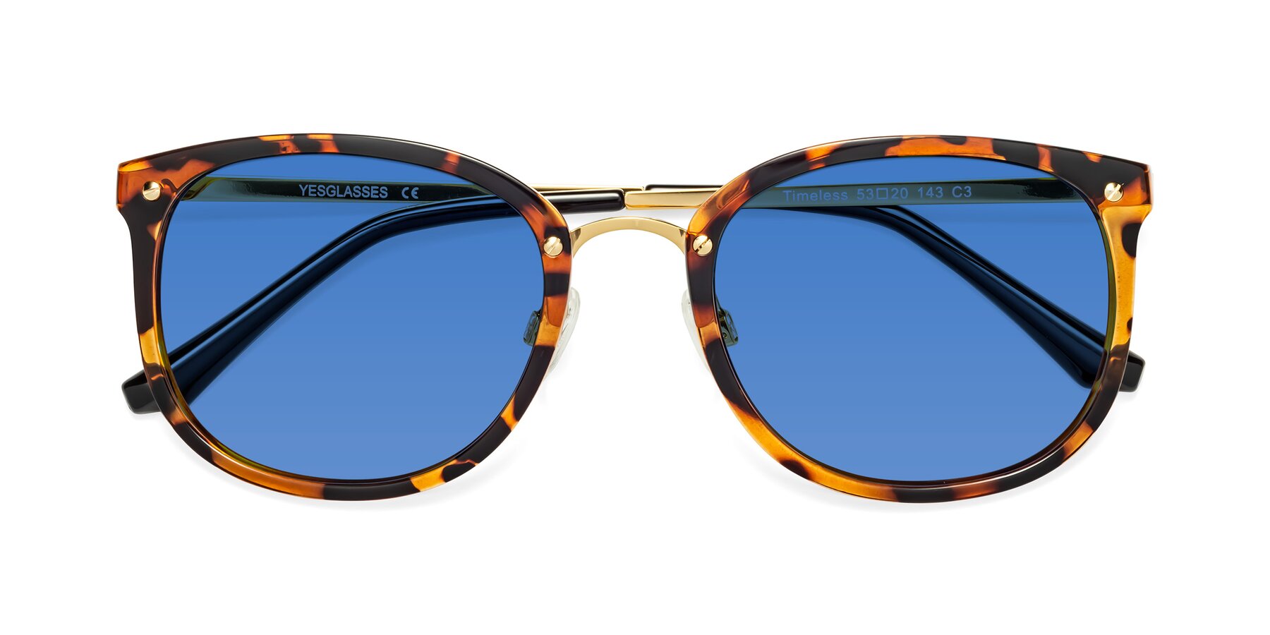 Folded Front of Timeless in Tortoise-Golden with Blue Tinted Lenses