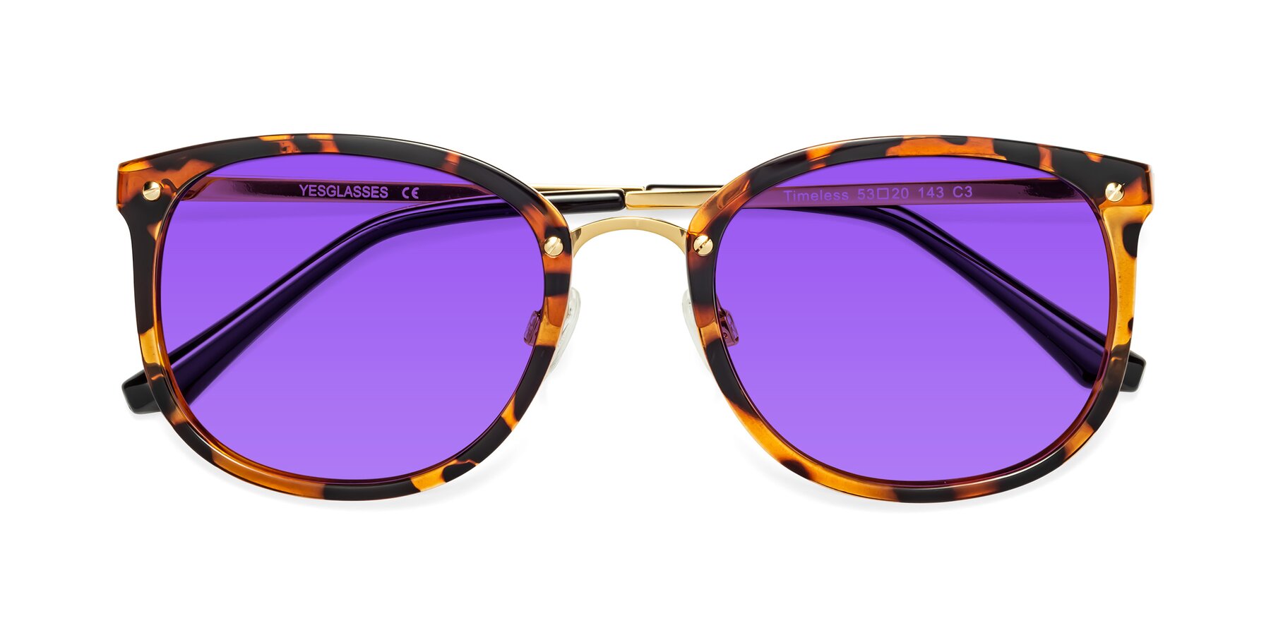 Folded Front of Timeless in Tortoise-Golden with Purple Tinted Lenses