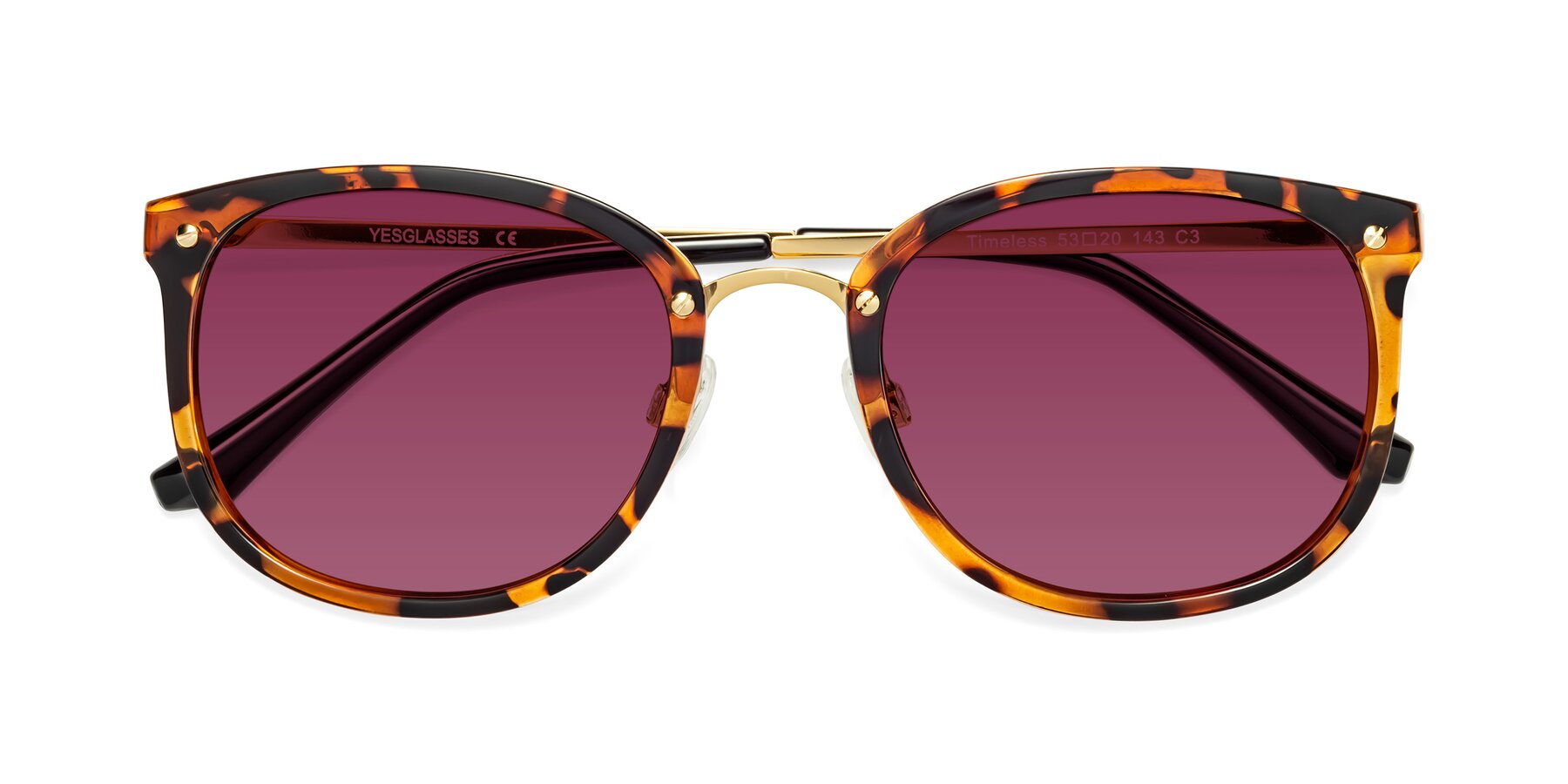 Folded Front of Timeless in Tortoise-Golden with Wine Tinted Lenses