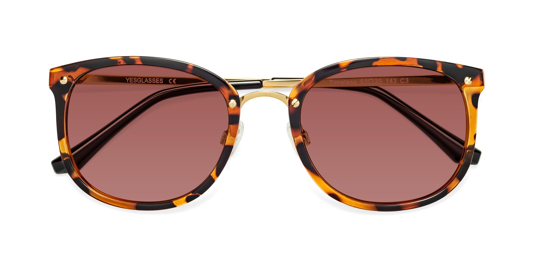 Folded Front of Timeless in Tortoise-Golden with Garnet Tinted Lenses