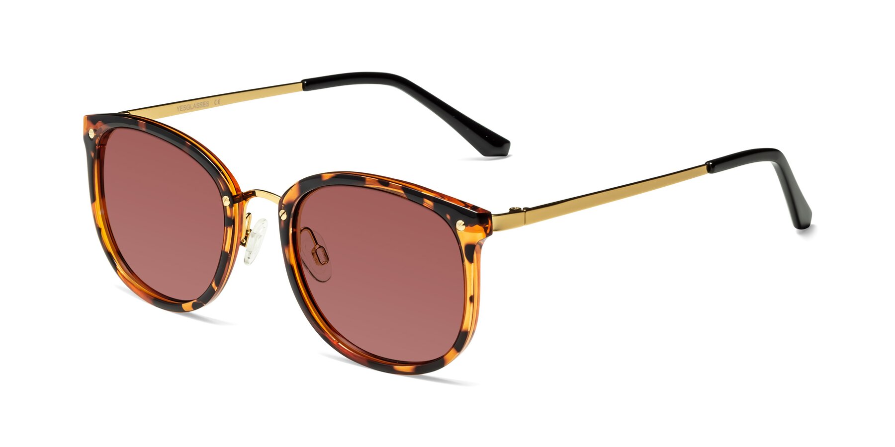 Angle of Timeless in Tortoise-Golden with Garnet Tinted Lenses