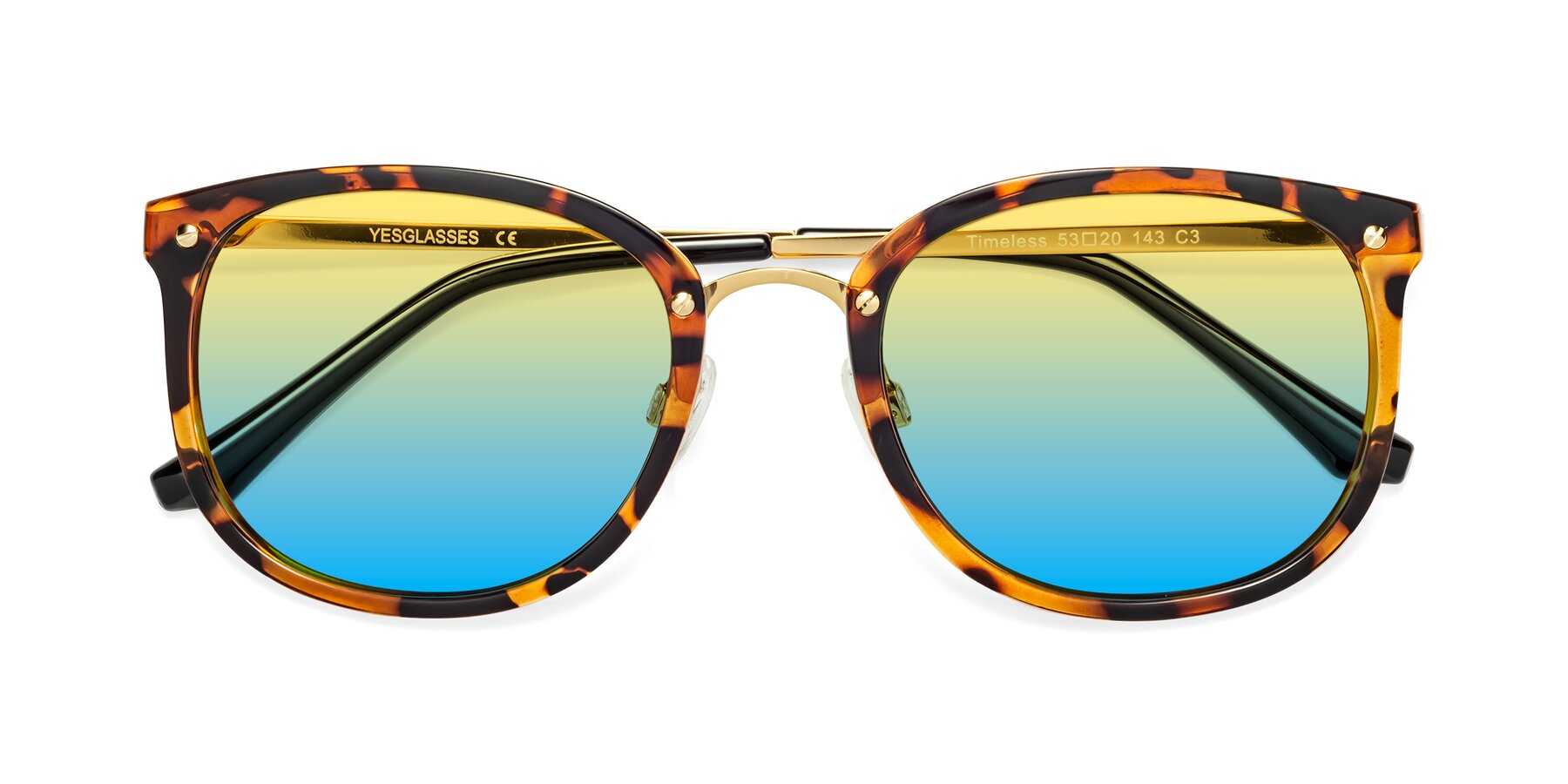 Folded Front of Timeless in Tortoise-Golden with Yellow / Blue Gradient Lenses