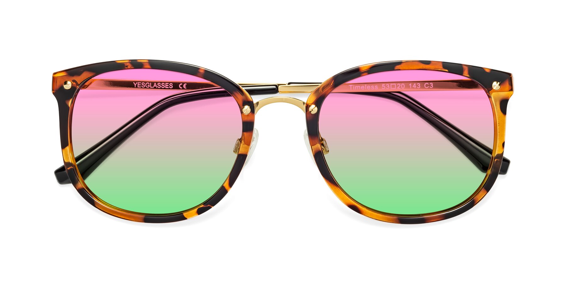 Folded Front of Timeless in Tortoise-Golden with Pink / Green Gradient Lenses