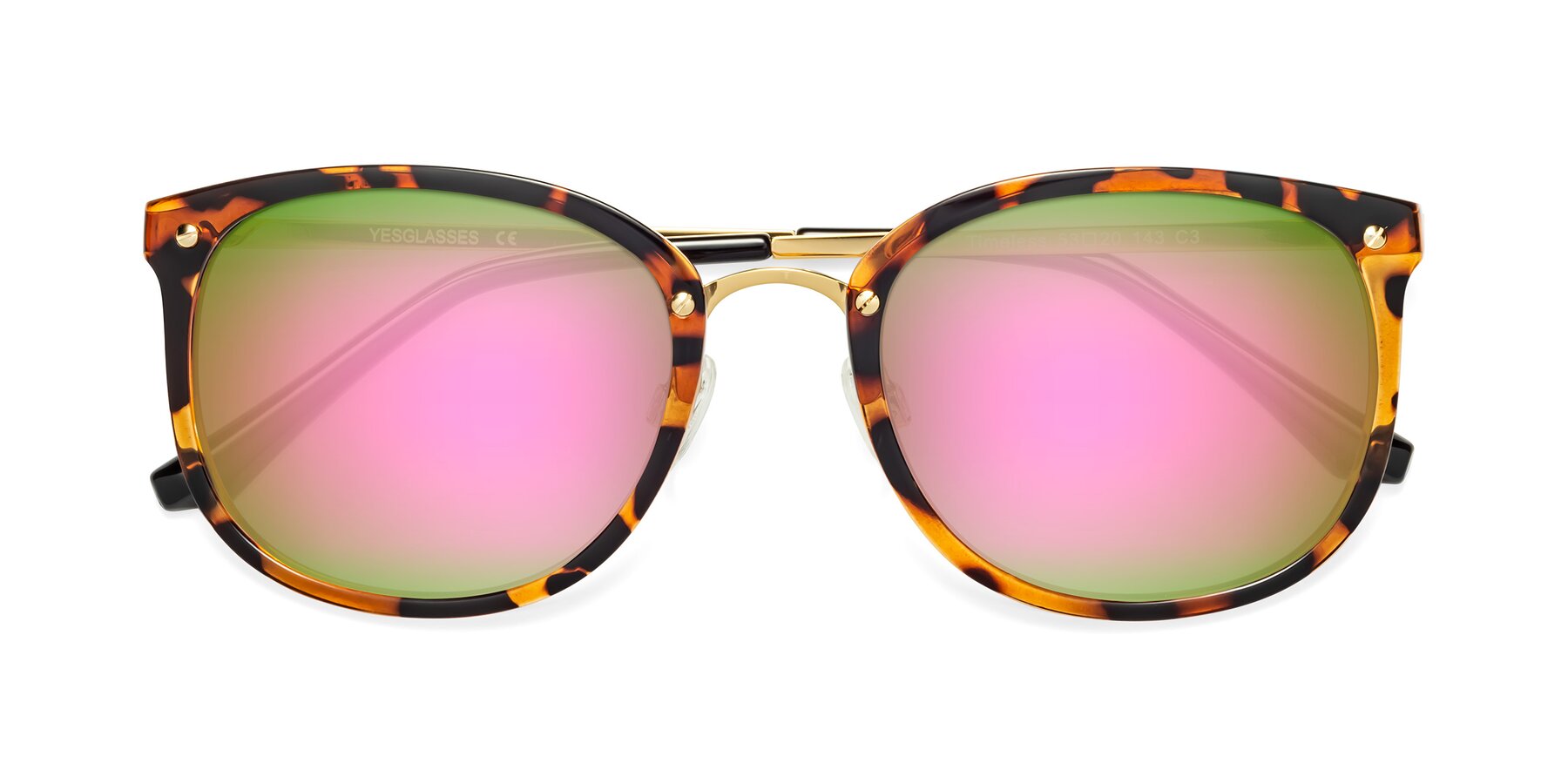 Folded Front of Timeless in Tortoise-Golden with Pink Mirrored Lenses