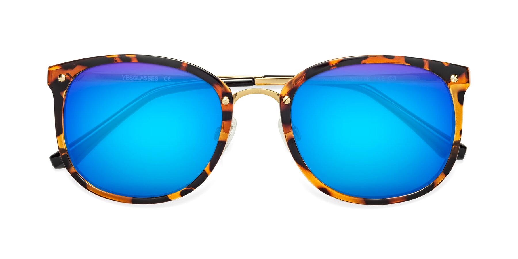 Folded Front of Timeless in Tortoise-Golden with Blue Mirrored Lenses