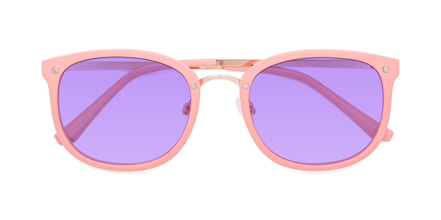 Folded Front of Timeless in Pink with Medium Purple Tinted Lenses