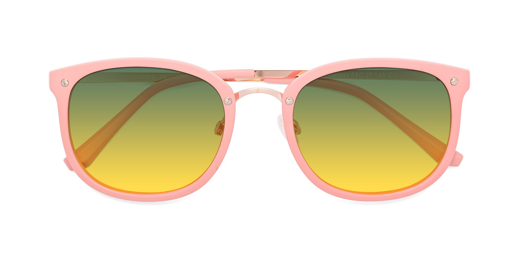 Folded Front of Timeless in Pink with Green / Yellow Gradient Lenses