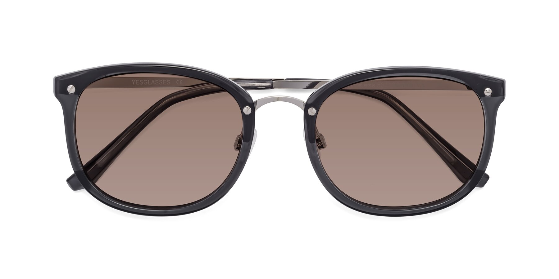 Folded Front of Timeless in Transparent Gray with Medium Brown Tinted Lenses