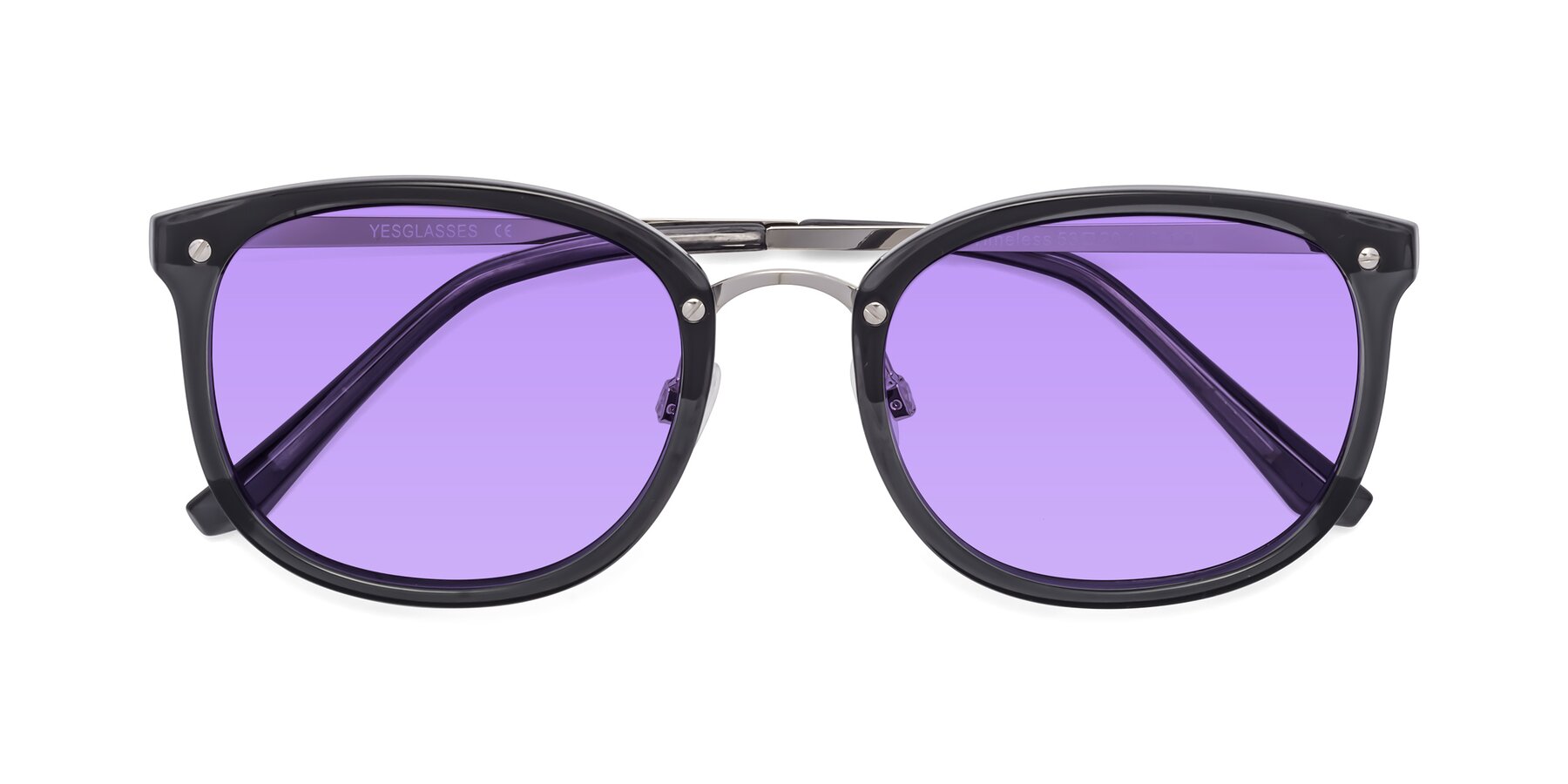 Folded Front of Timeless in Transparent Gray with Medium Purple Tinted Lenses