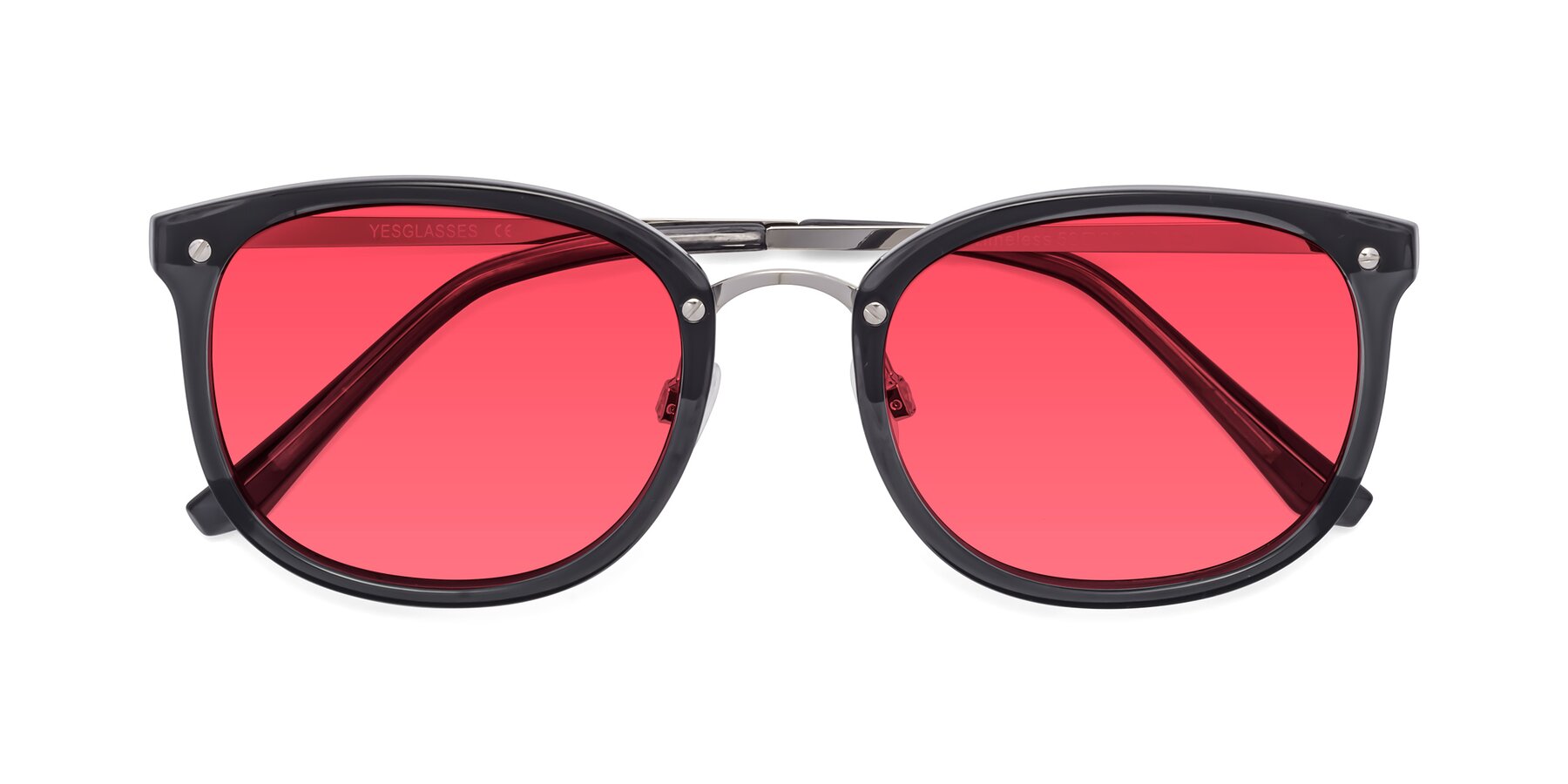 Folded Front of Timeless in Transparent Gray with Red Tinted Lenses